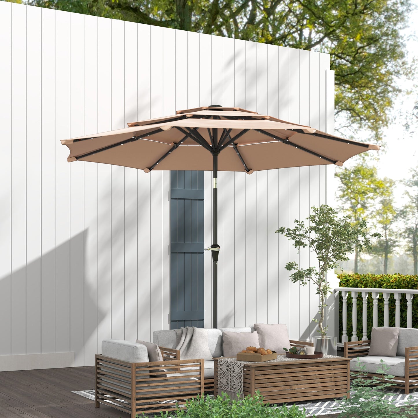 2.6 m Garden Parasol with Solar LED Lights, 3-Tier Patio Umbrella Outdoor with Tilt Mechanism & Crank Handle, UPF 30+, Table Umbrella for Market Terrace, Khaki