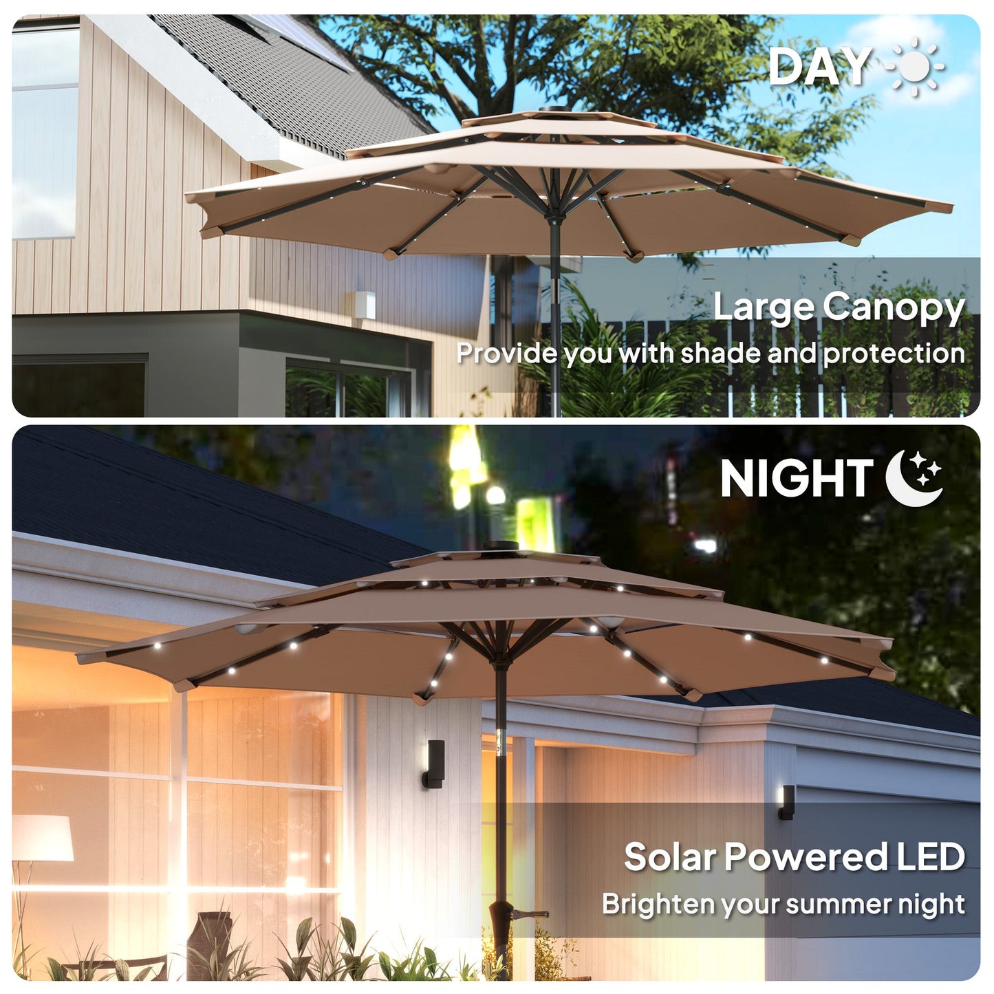 2.6 m Garden Parasol with Solar LED Lights, 3-Tier Patio Umbrella Outdoor with Tilt Mechanism & Crank Handle, UPF 30+, Table Umbrella for Market Terrace, Khaki