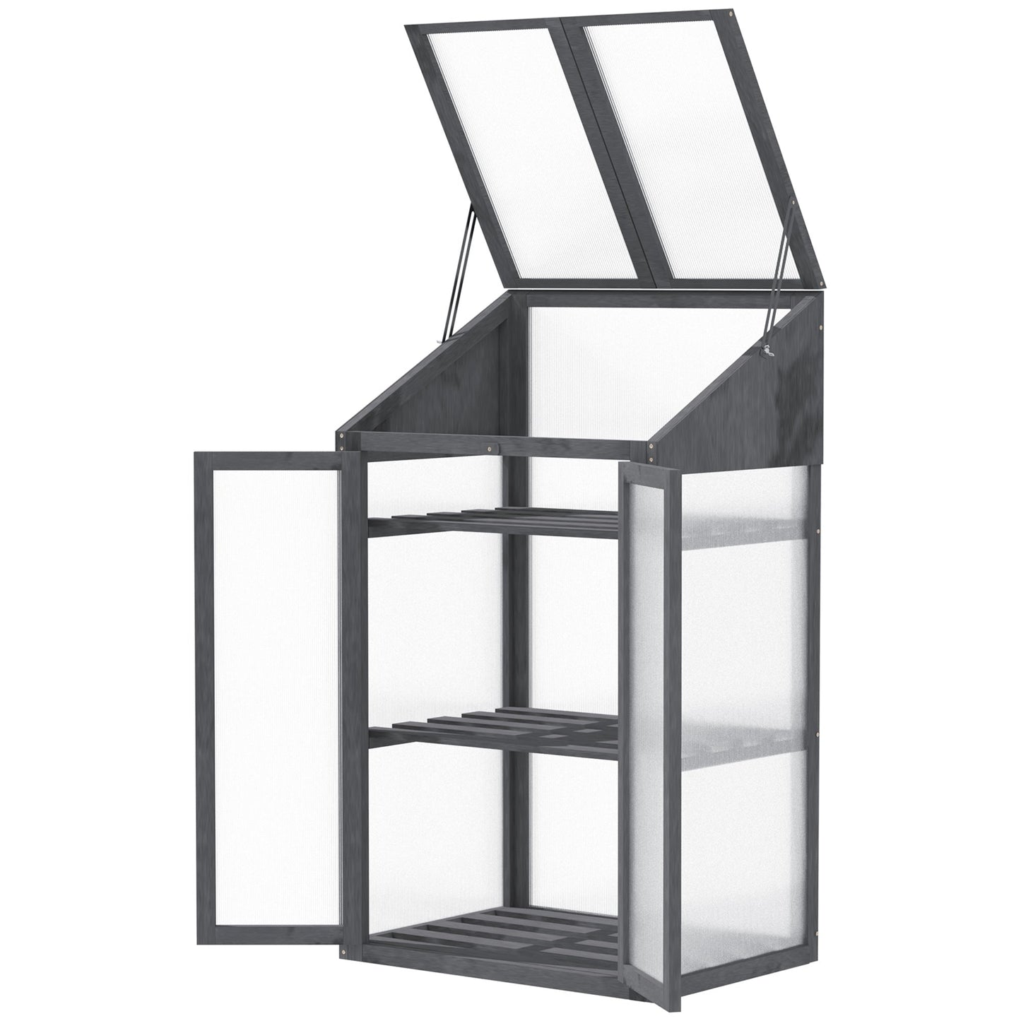 Wooden Cold Frame Polycarbonate Greenhouse with Openable Top Cover and Double Door, Grow House for Flower, Vegetable and Plants, 70 x 50 x 120cm, Grey