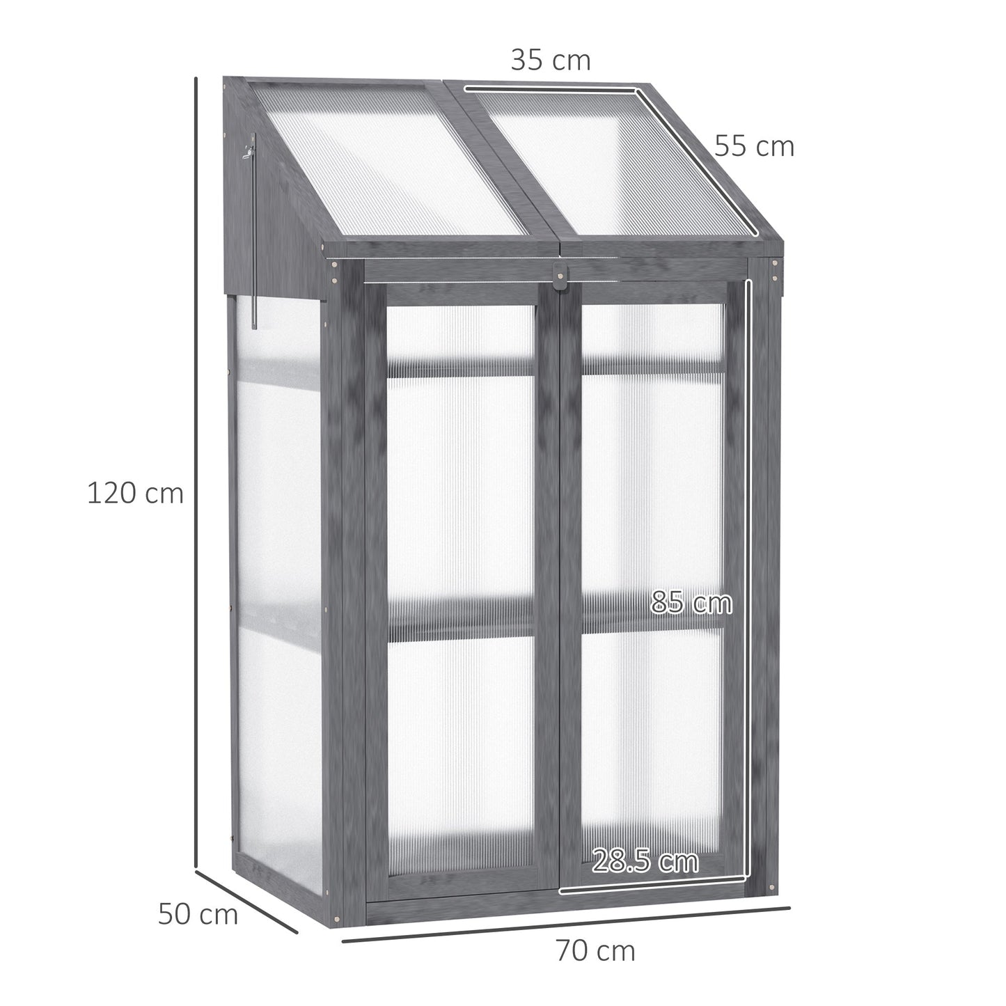 Wooden Cold Frame Polycarbonate Greenhouse with Openable Top Cover and Double Door, Grow House for Flower, Vegetable and Plants, 70 x 50 x 120cm, Grey