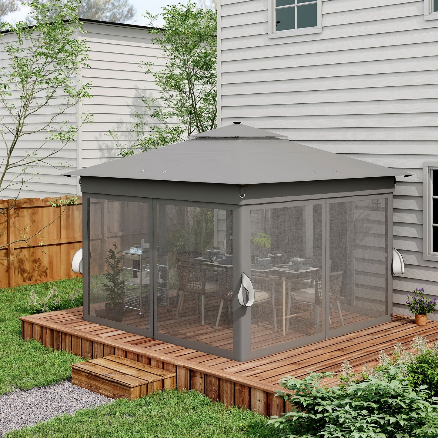 3 x 3(m) Pop Up Gazebo with Sides, 20 Solar-Powered LED Lights, Netting, Roller Bag, 4 Weight Bags, Marquee Party Tent, Height Adjustable Instant Event Shelter, Grey