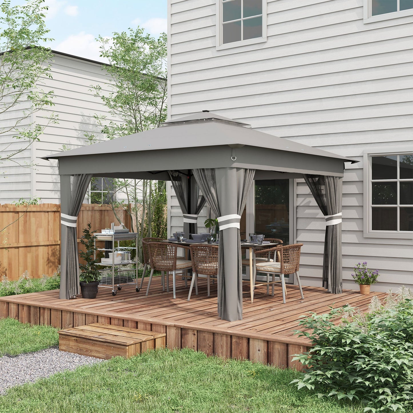 3 x 3(m) Pop Up Gazebo with Sides, 20 Solar-Powered LED Lights, Netting, Roller Bag, 4 Weight Bags, Marquee Party Tent, Height Adjustable Instant Event Shelter, Grey
