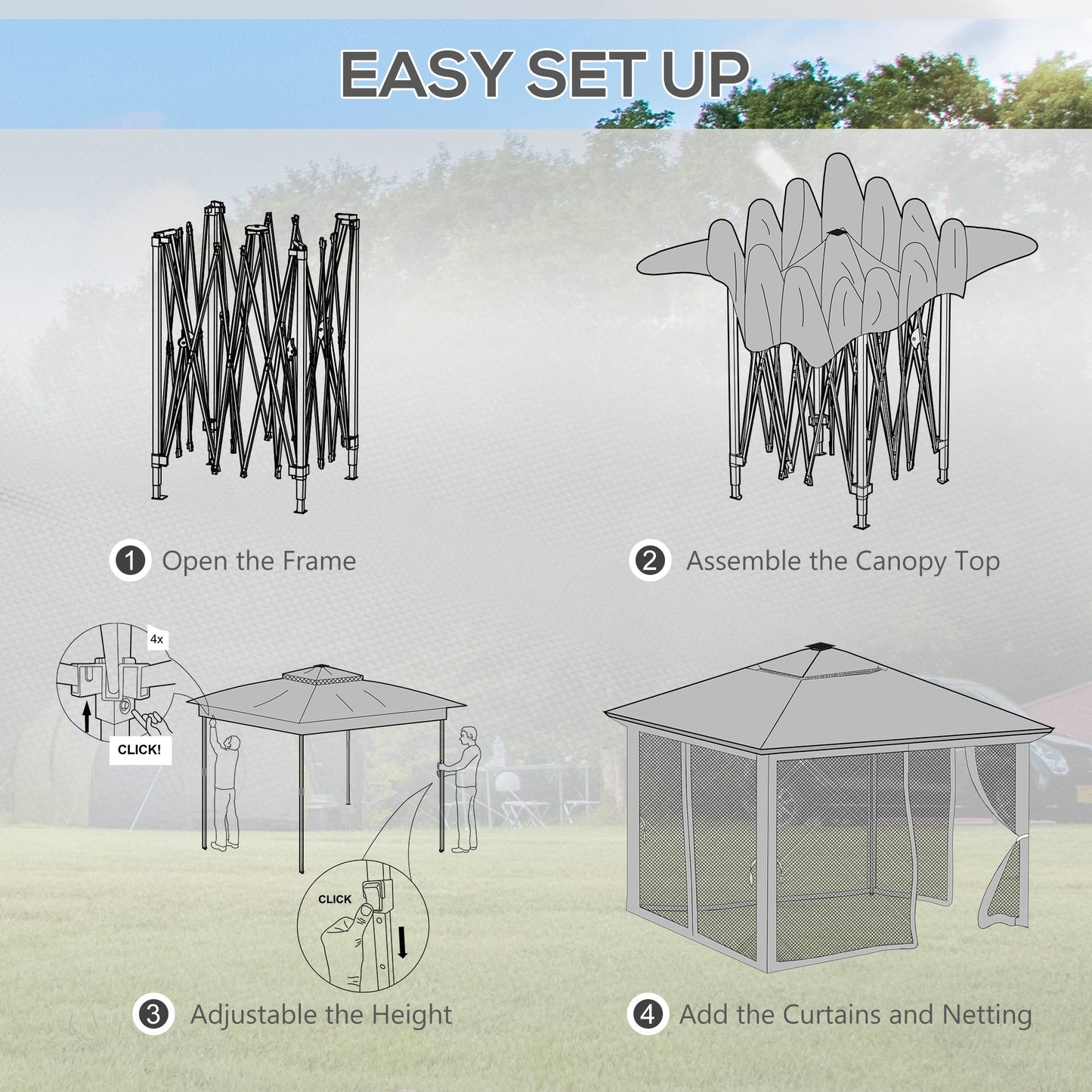 3 x 3(m) Pop Up Gazebo with Sides, 20 Solar-Powered LED Lights, Netting, Roller Bag, 4 Weight Bags, Marquee Party Tent, Height Adjustable Instant Event Shelter, Grey
