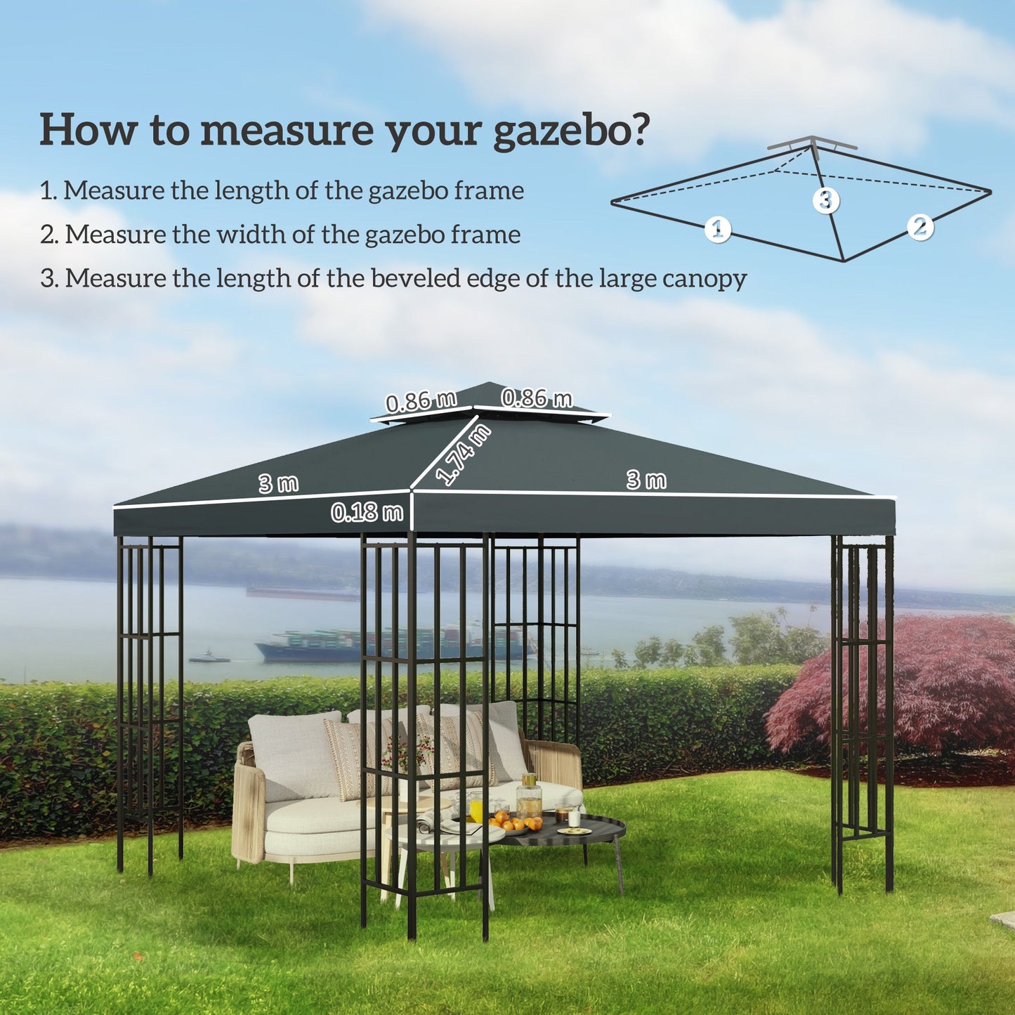 3 x 3(m) Gazebo Canopy Roof Top Replacement Cover Spare Part Charcoal Grey (TOP COVER ONLY)