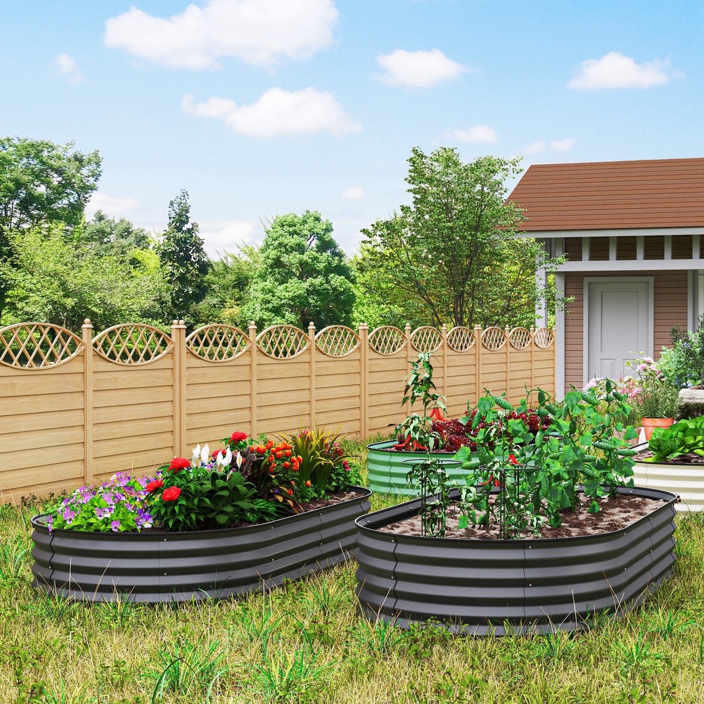 Set of 2 Raised Beds for Garden, Outdoor Galvanised Planter Box with Plant Support Stakes, Rubber Strap Edging and Bottomless for Flower, Vegetable, 181 x 93 x 30 cm, Dark Grey