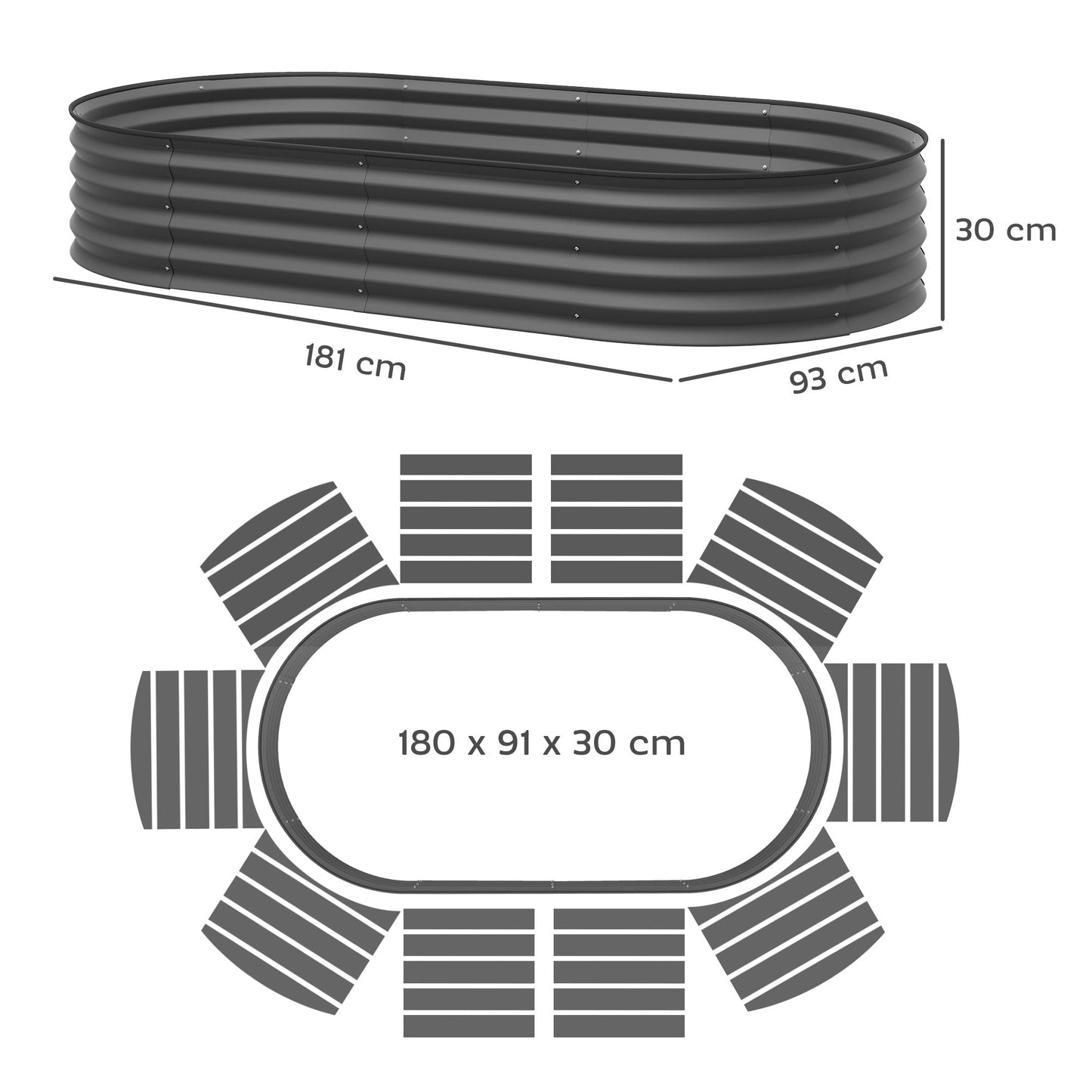 Set of 2 Raised Beds for Garden, Outdoor Galvanised Planter Box with Plant Support Stakes, Rubber Strap Edging and Bottomless for Flower, Vegetable, 181 x 93 x 30 cm, Dark Grey