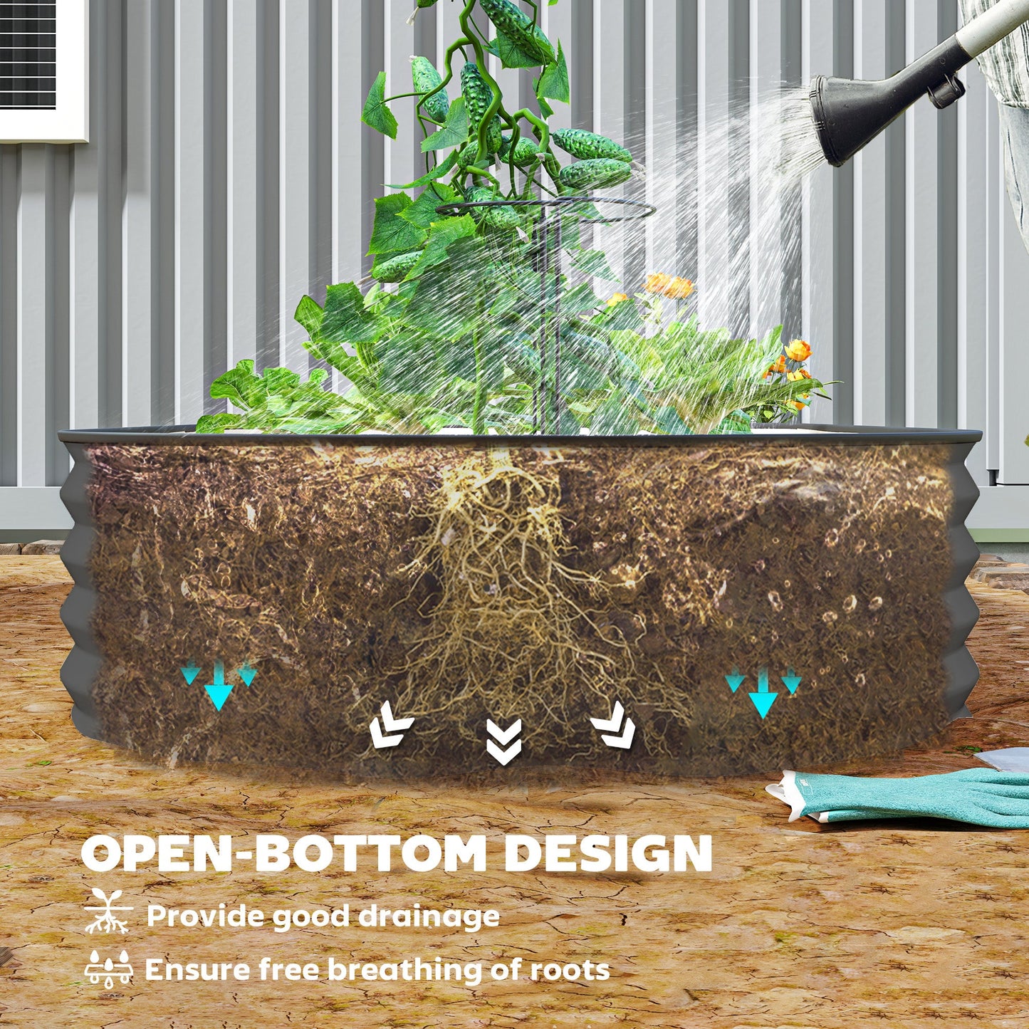 Set of 2 Raised Beds for Garden, Outdoor Galvanised Planter Box with Plant Support Stakes, Rubber Strap Edging and Bottomless for Flower, Vegetable, 181 x 93 x 30 cm, Dark Grey