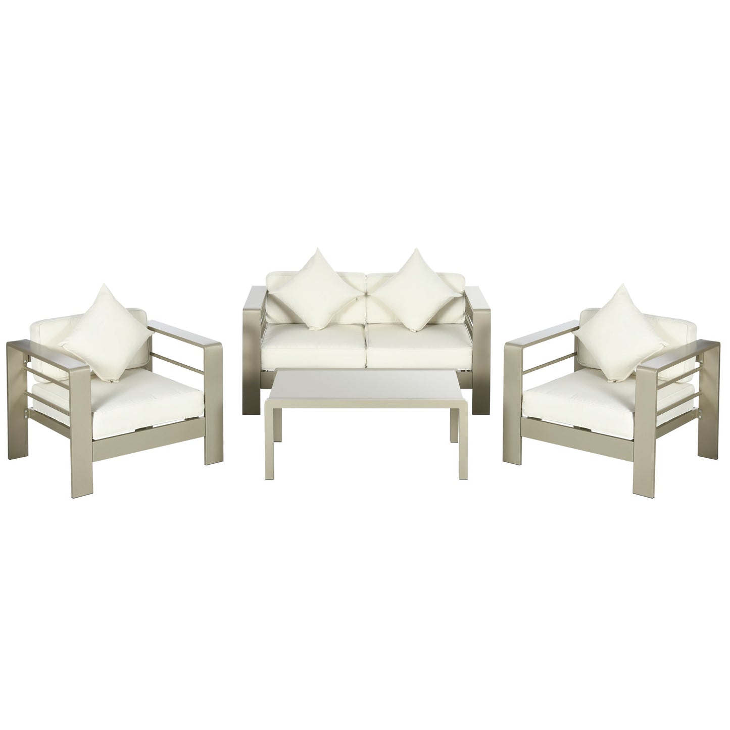 4 Pieces Outdoor Garden Furniture Set, Aluminium Frame Backyard Furniture w/ Thick Padded Cushioned Loveseat, 2 Chairs, and Glass Top Table, Champagne Gold