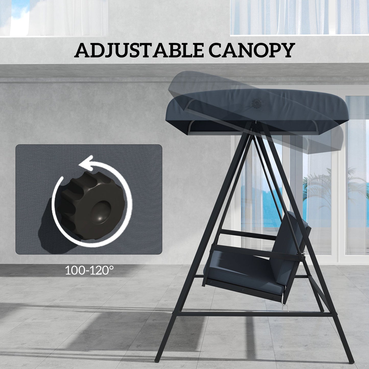 3 Seater Garden Swing Chair, Outdoor Hammock Bench with Adjustable Canopy, Removable Cushions and Steel Frame, Dark Grey