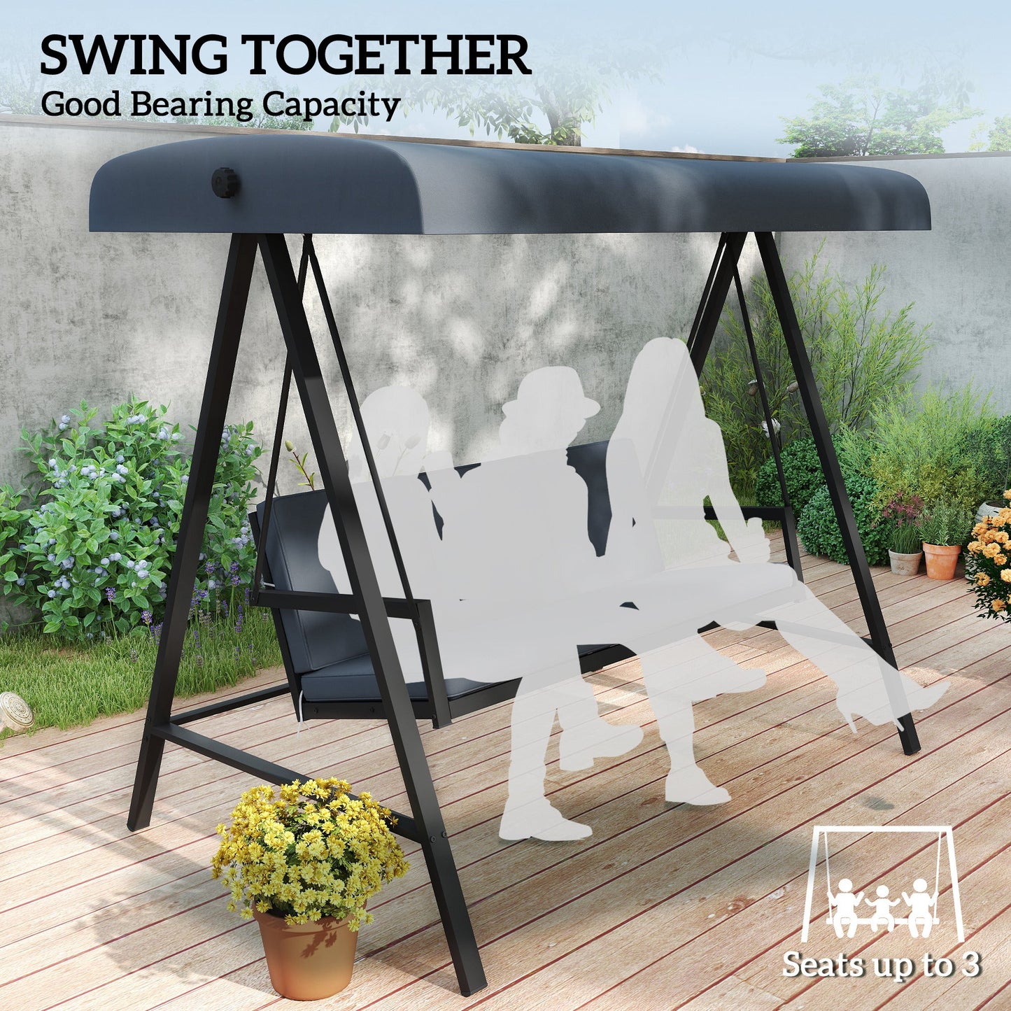 3 Seater Garden Swing Chair, Outdoor Hammock Bench with Adjustable Canopy, Removable Cushions and Steel Frame, Dark Grey