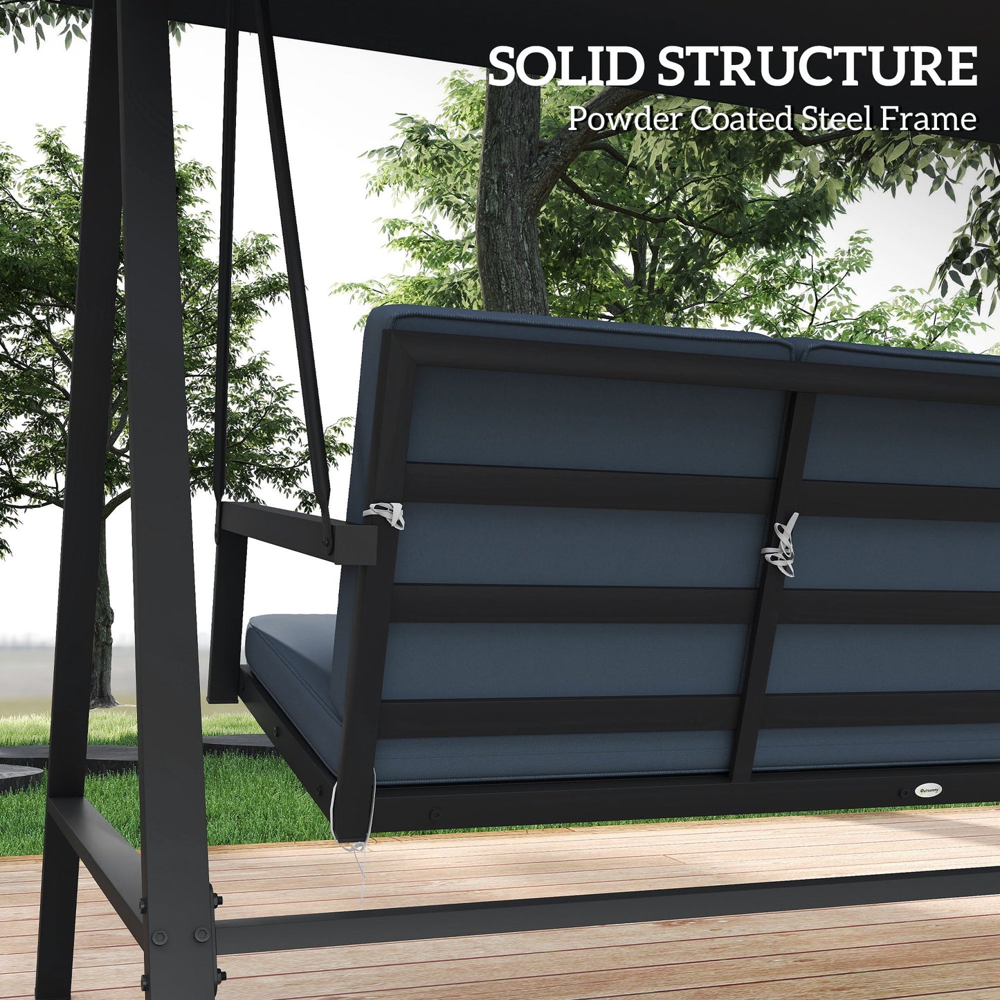 3 Seater Garden Swing Chair, Outdoor Hammock Bench with Adjustable Canopy, Removable Cushions and Steel Frame, Dark Grey