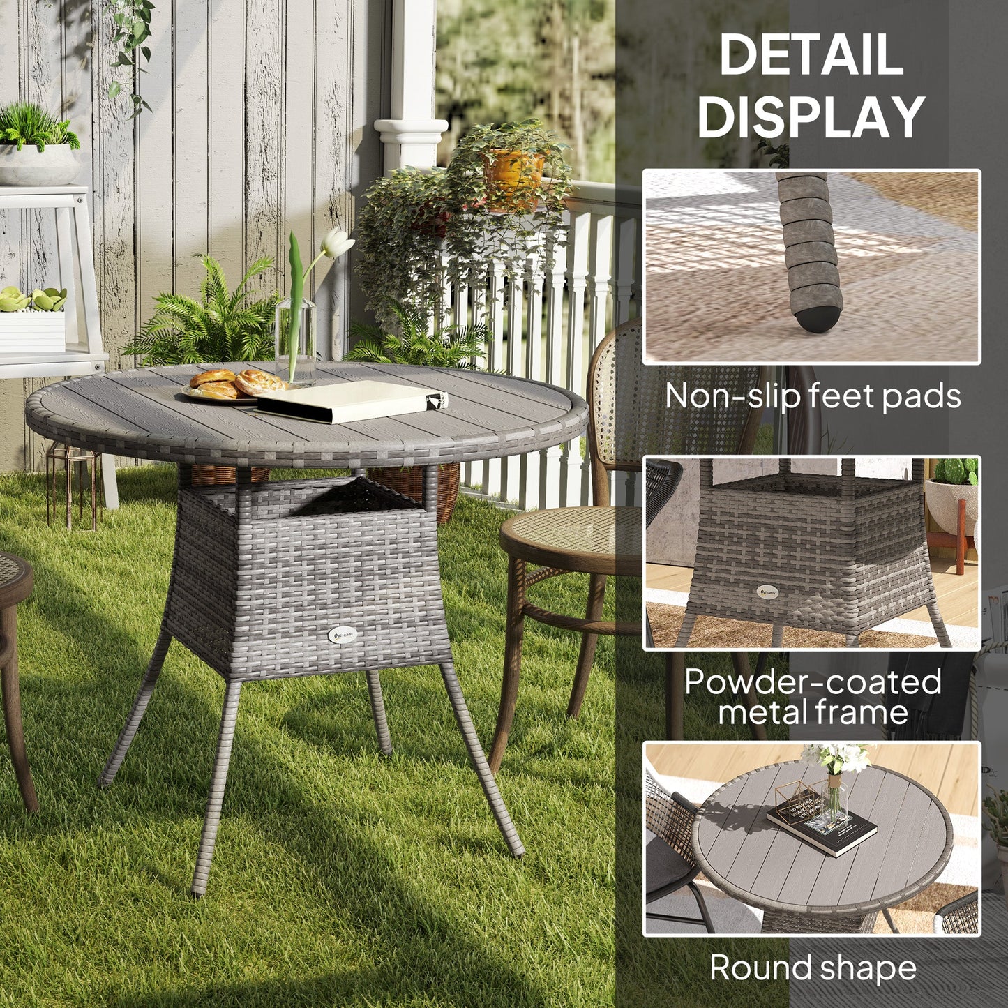 90 cm Outdoor Dining Table, PE Rattan Patio Table with Wood-plastic Composite Top for Balcony, Garden, Grey