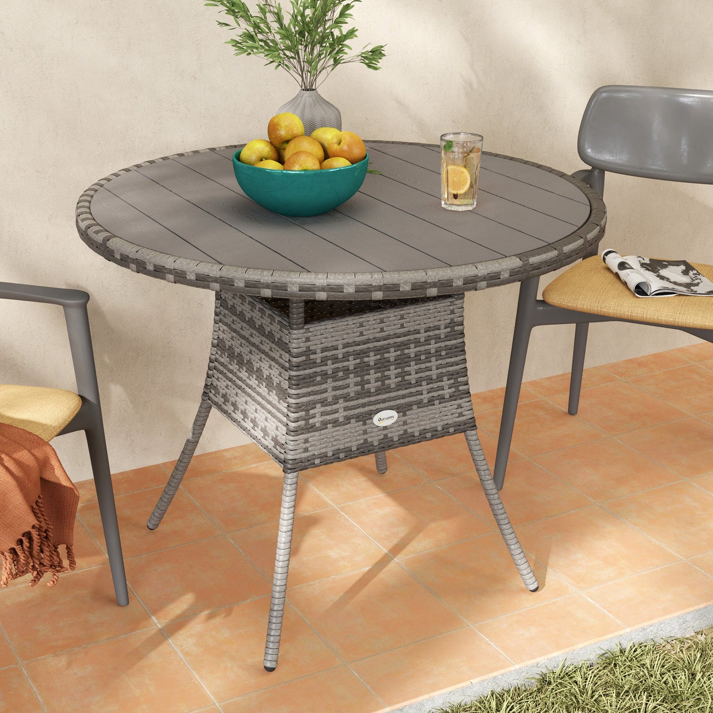 90 cm Outdoor Dining Table, PE Rattan Patio Table with Wood-plastic Composite Top for Balcony, Garden, Grey