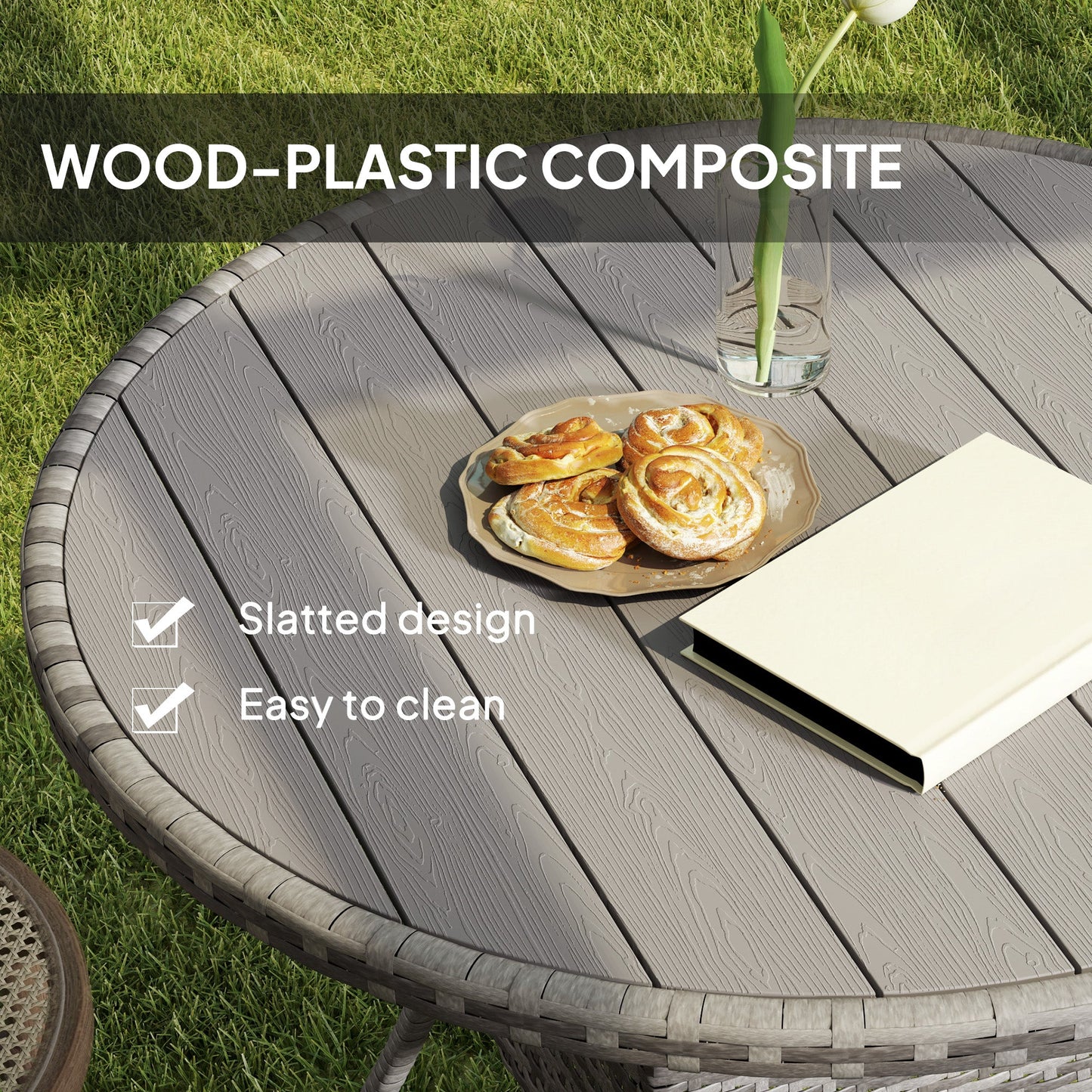 90 cm Outdoor Dining Table, PE Rattan Patio Table with Wood-plastic Composite Top for Balcony, Garden, Grey