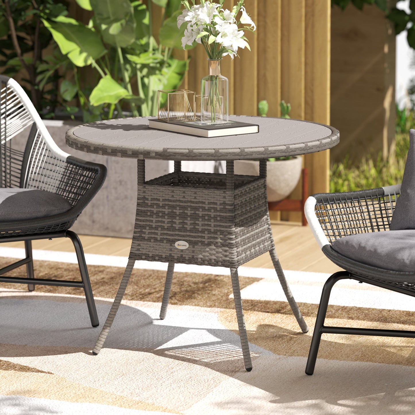 90 cm Outdoor Dining Table, PE Rattan Patio Table with Wood-plastic Composite Top for Balcony, Garden, Grey