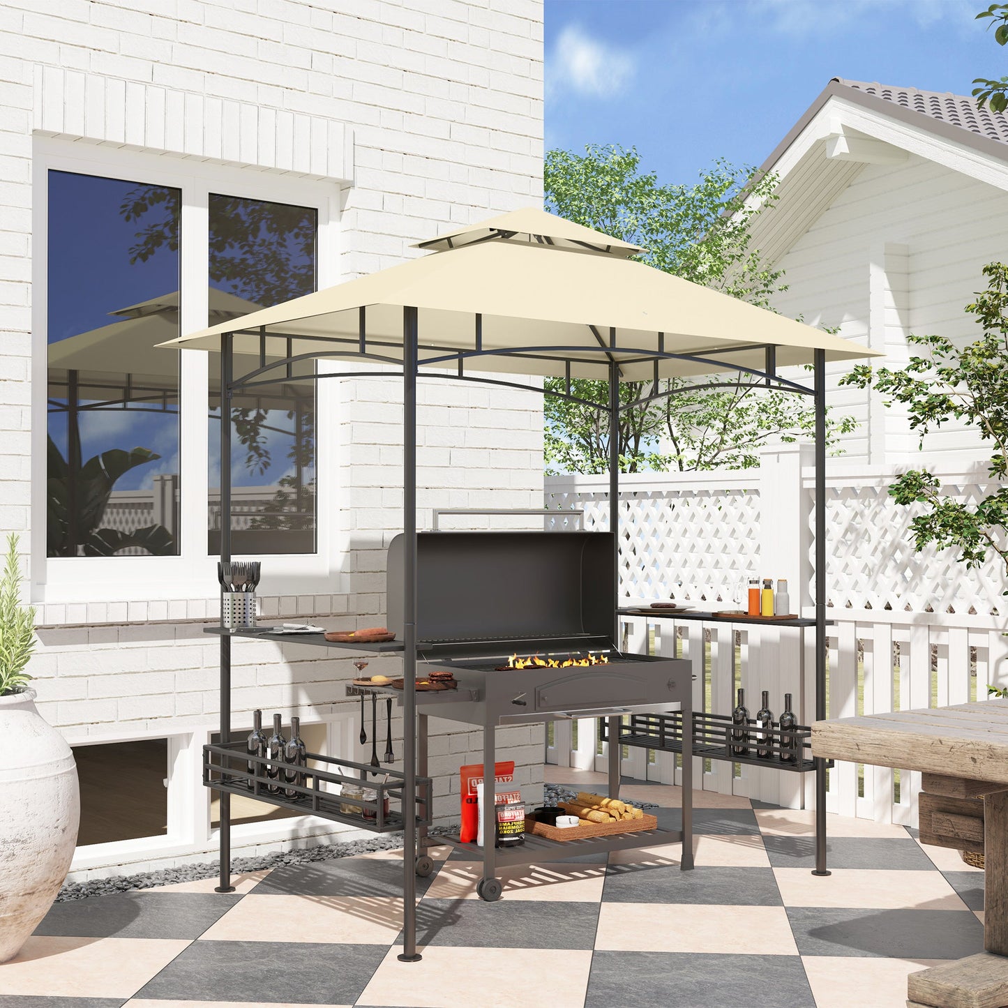 8' x 5' Grill Gazebo Canopy, Double Tiered Outdoor BBQ Gazebo Shelter with 2 Side Shelves, Storage Baskets, Hook for Garden, Patio, Barbecue, Picnic, Beige