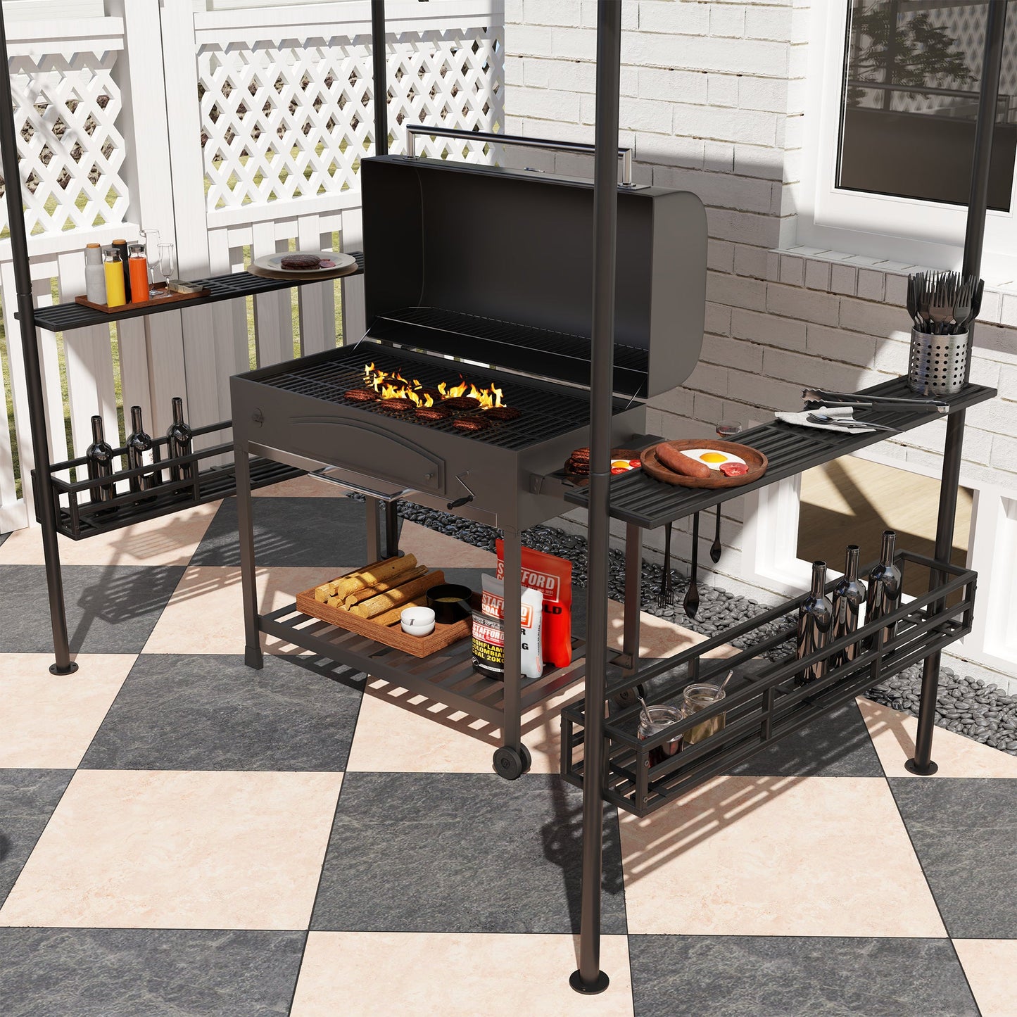 8' x 5' Grill Gazebo Canopy, Double Tiered Outdoor BBQ Gazebo Shelter with 2 Side Shelves, Storage Baskets, Hook for Garden, Patio, Barbecue, Picnic, Beige