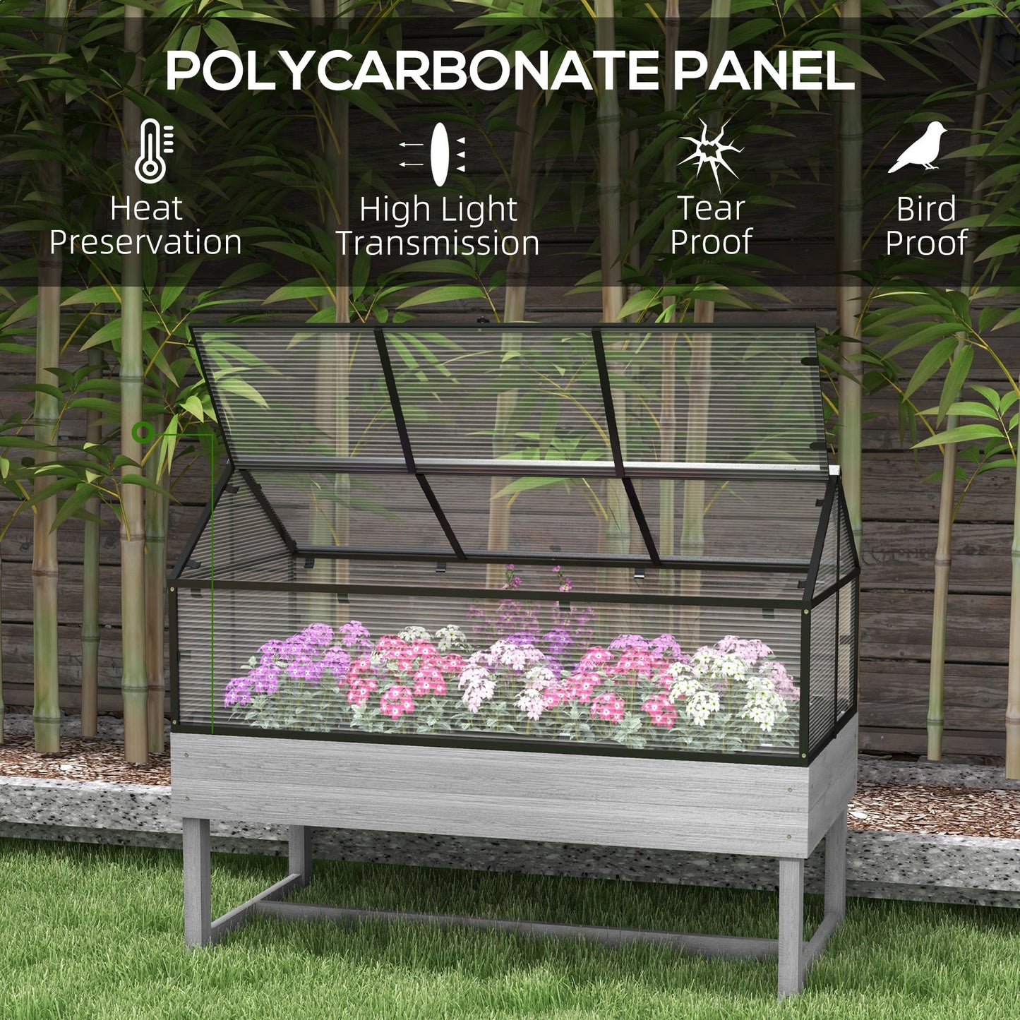 Raised Garden Bed with Cold Frame Greenhouse, Elevated Wood Planter Box with Polycarbonate Panel and Top Vent for Vegetables, Flowers, Herbs, 120 x 60 x 103cm, Distressed Grey