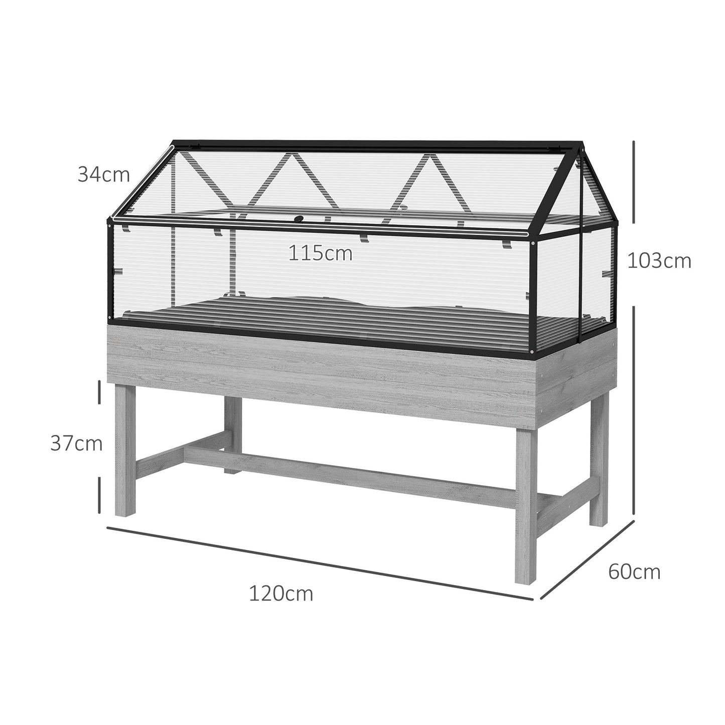 Raised Garden Bed with Cold Frame Greenhouse, Elevated Wood Planter Box with Polycarbonate Panel and Top Vent for Vegetables, Flowers, Herbs, 120 x 60 x 103cm, Distressed Grey