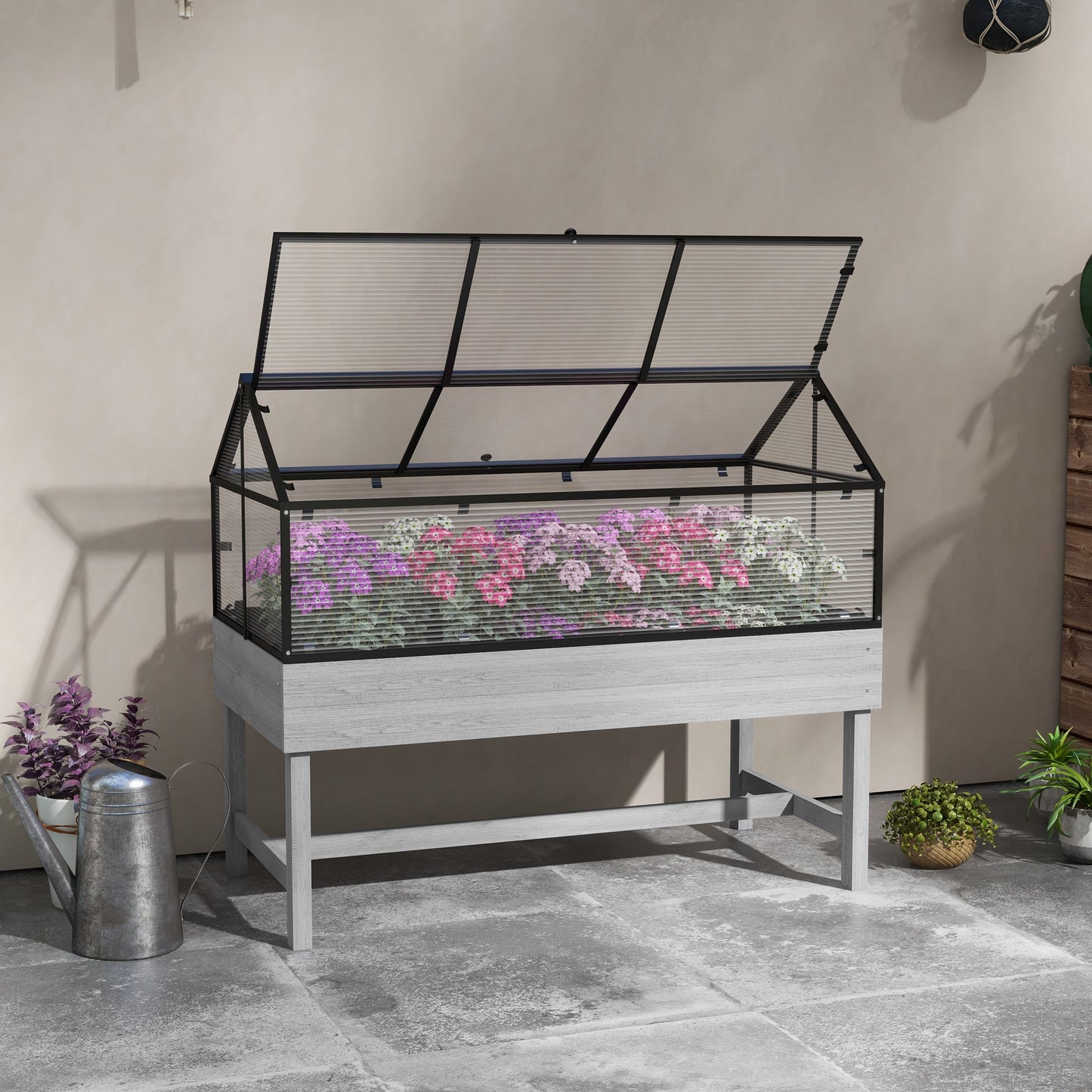 Raised Garden Bed with Cold Frame Greenhouse, Elevated Wood Planter Box with Polycarbonate Panel and Top Vent for Vegetables, Flowers, Herbs, 120 x 60 x 103cm, Distressed Grey