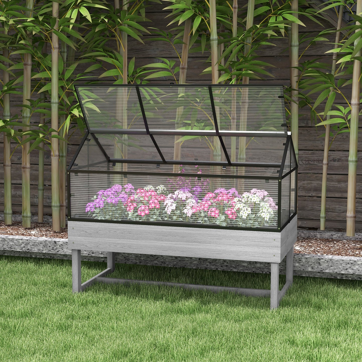 Raised Garden Bed with Cold Frame Greenhouse, Elevated Wood Planter Box with Polycarbonate Panel and Top Vent for Vegetables, Flowers, Herbs, 120 x 60 x 103cm, Distressed Grey