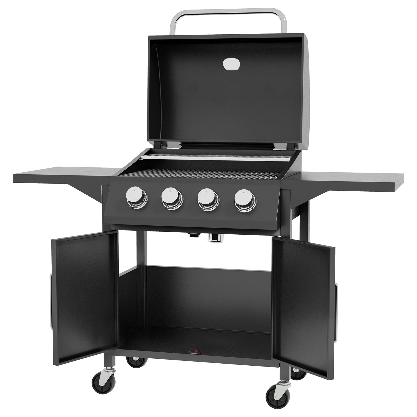 4 Burner Gas BBQ, Outdoor Grill, Portable Barbecue Trolley with Warming Rack, Side Shelves, Storage Cabinet, Thermometer, Carbon Steel, Black