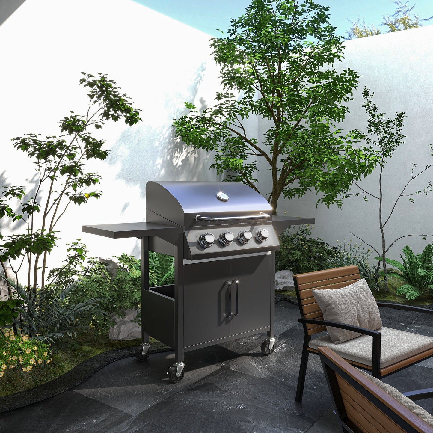 4 Burner Gas BBQ, Outdoor Grill, Portable Barbecue Trolley with Warming Rack, Side Shelves, Storage Cabinet, Thermometer, Carbon Steel, Black