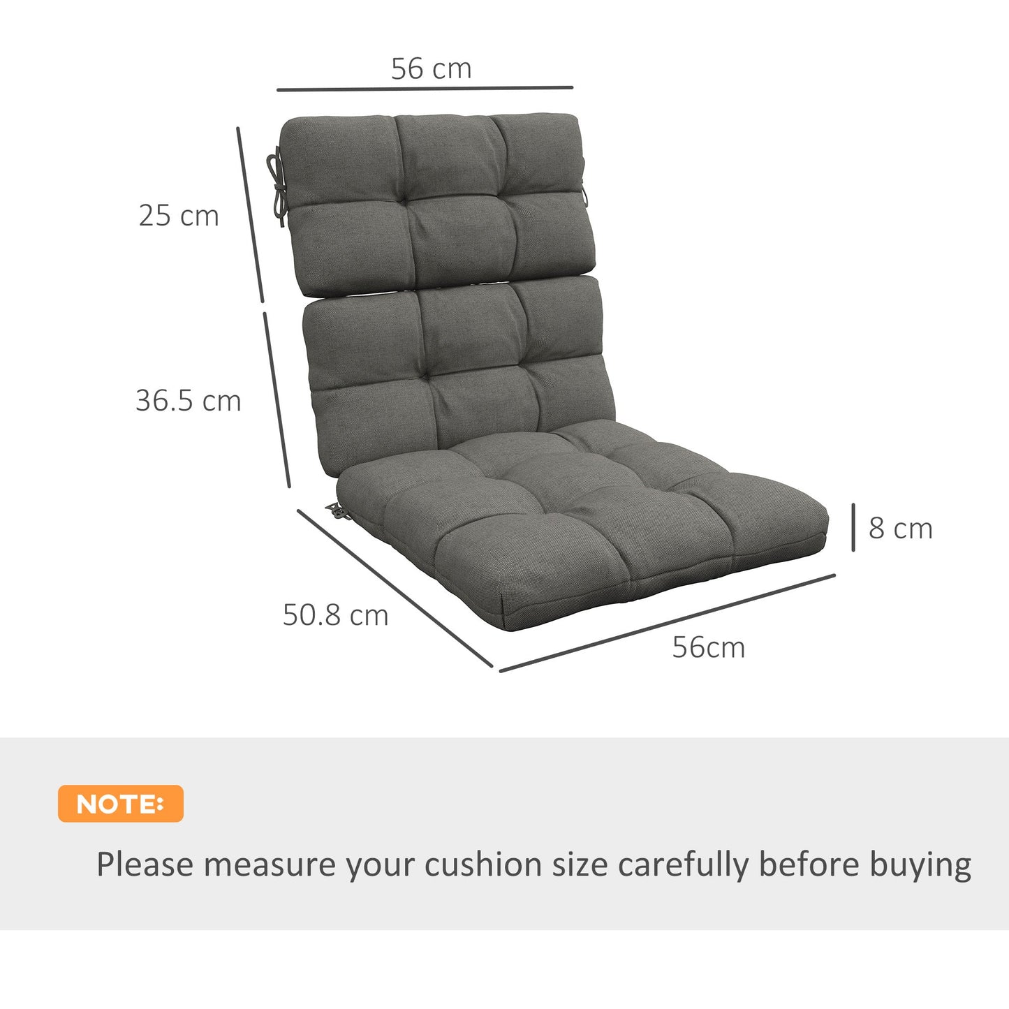 2pc Outdoor Seat Cushions with Backrest, Ties, Water Repellent Seat Pads for Chair, Garden Patio, Charcoal Grey