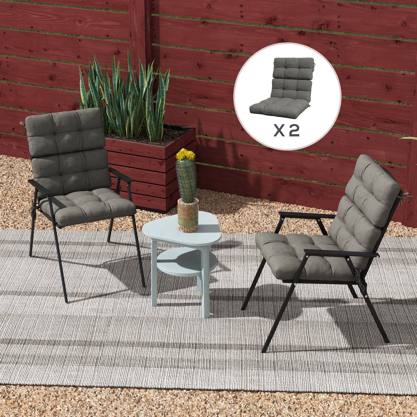 2pc Outdoor Seat Cushions with Backrest, Ties, Water Repellent Seat Pads for Chair, Garden Patio, Charcoal Grey