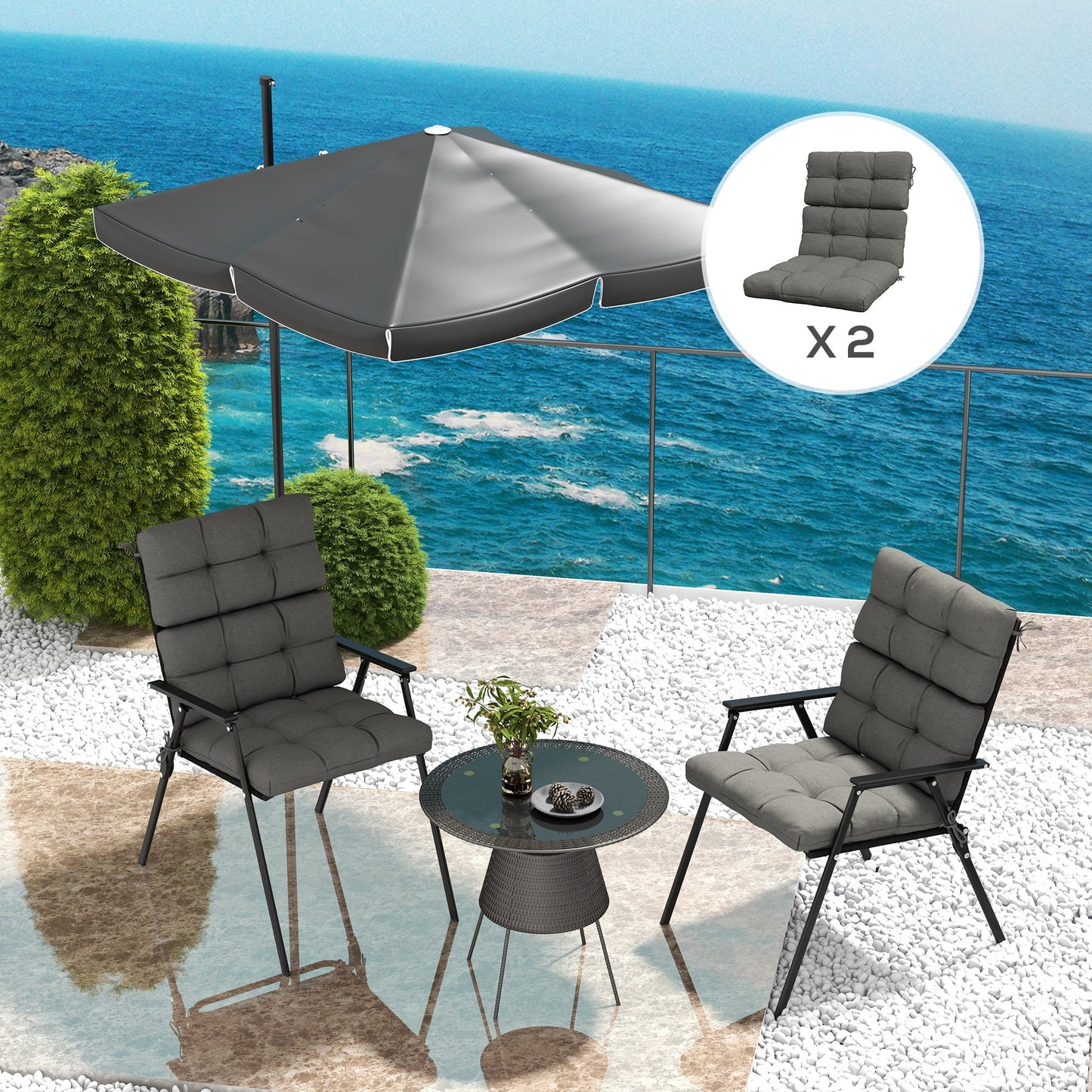 2pc Outdoor Seat Cushions with Backrest, Ties, Water Repellent Seat Pads for Chair, Garden Patio, Charcoal Grey