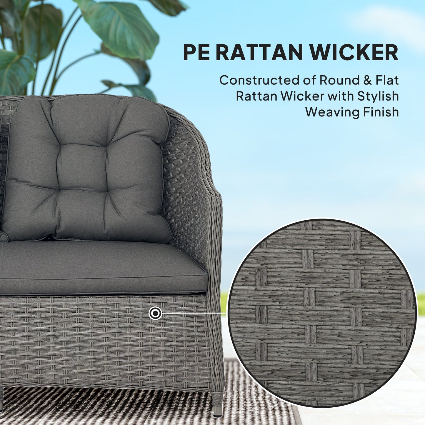 4 Pieces Outdoor PE Rattan Garden Furniture, Patio Round Wicker Woven Conversation Sofa Set w/ Padded Cushions and Tempered Glass Top Table For Balcony, Pool, Garden, Sand, Light Grey
