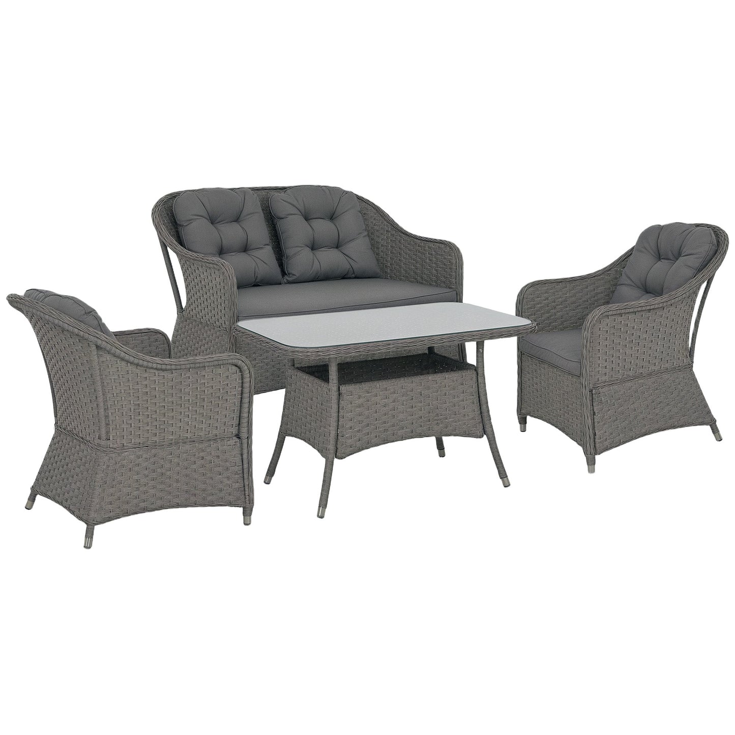 4 Pieces Outdoor PE Rattan Garden Furniture, Patio Round Wicker Woven Conversation Sofa Set w/ Padded Cushions and Tempered Glass Top Table For Balcony, Pool, Garden, Sand, Light Grey