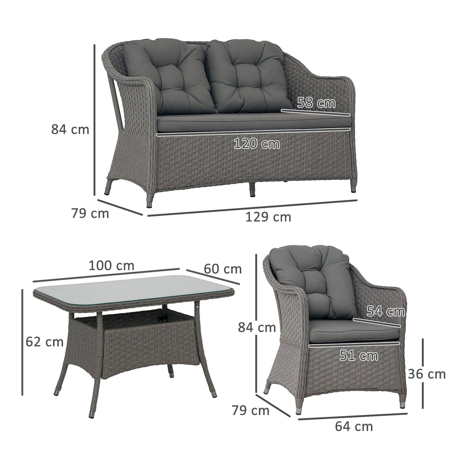 4 Pieces Outdoor PE Rattan Garden Furniture, Patio Round Wicker Woven Conversation Sofa Set w/ Padded Cushions and Tempered Glass Top Table For Balcony, Pool, Garden, Sand, Light Grey