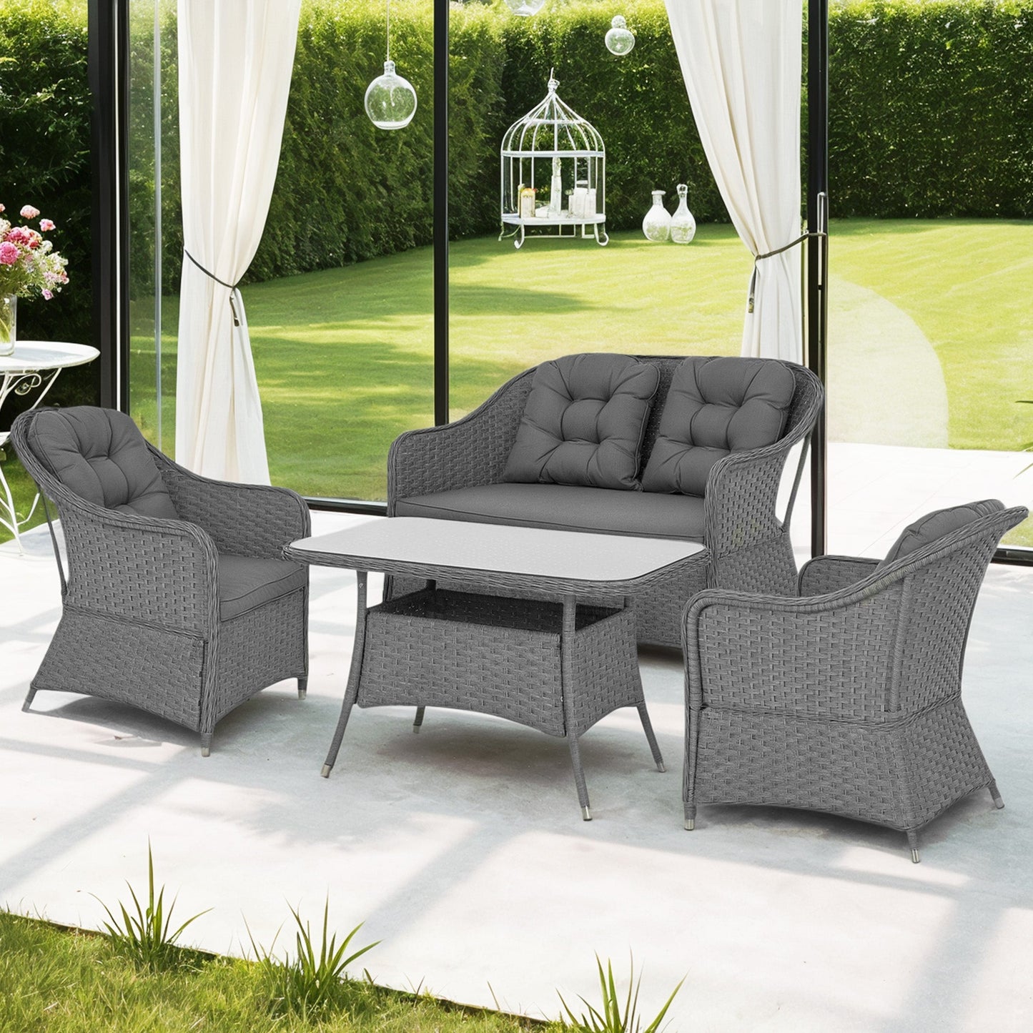 4 Pieces Outdoor PE Rattan Garden Furniture, Patio Round Wicker Woven Conversation Sofa Set w/ Padded Cushions and Tempered Glass Top Table For Balcony, Pool, Garden, Sand, Light Grey