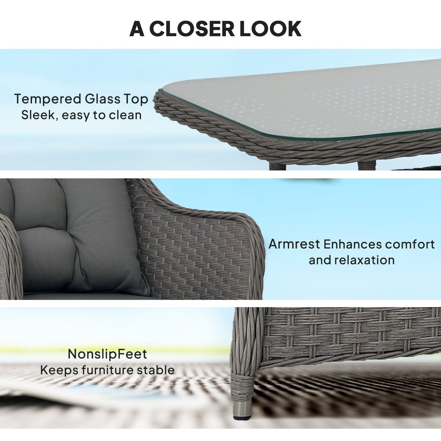 4 Pieces Outdoor PE Rattan Garden Furniture, Patio Round Wicker Woven Conversation Sofa Set w/ Padded Cushions and Tempered Glass Top Table For Balcony, Pool, Garden, Sand, Light Grey