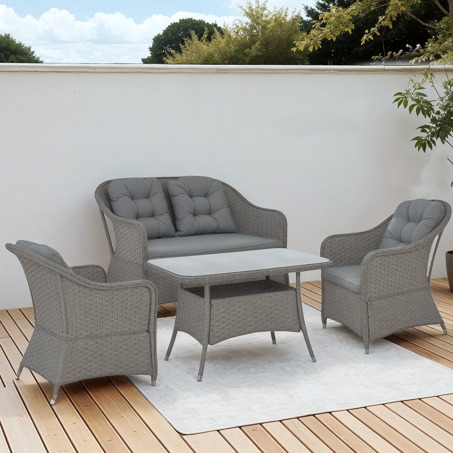 4 Pieces Outdoor PE Rattan Garden Furniture, Patio Round Wicker Woven Conversation Sofa Set w/ Padded Cushions and Tempered Glass Top Table For Balcony, Pool, Garden, Sand, Light Grey