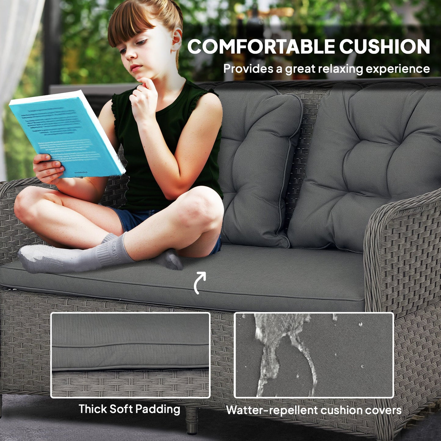 4 Pieces Outdoor PE Rattan Garden Furniture, Patio Round Wicker Woven Conversation Sofa Set w/ Padded Cushions and Tempered Glass Top Table For Balcony, Pool, Garden, Sand, Light Grey