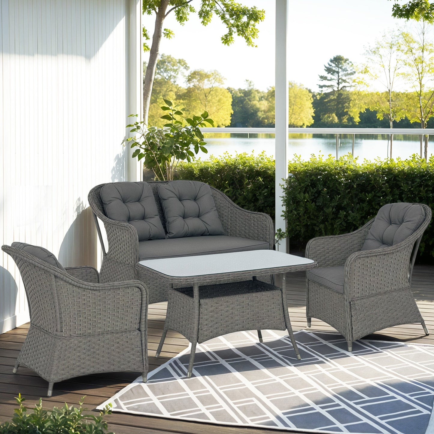 4 Pieces Outdoor PE Rattan Garden Furniture, Patio Round Wicker Woven Conversation Sofa Set w/ Padded Cushions and Tempered Glass Top Table For Balcony, Pool, Garden, Sand, Light Grey