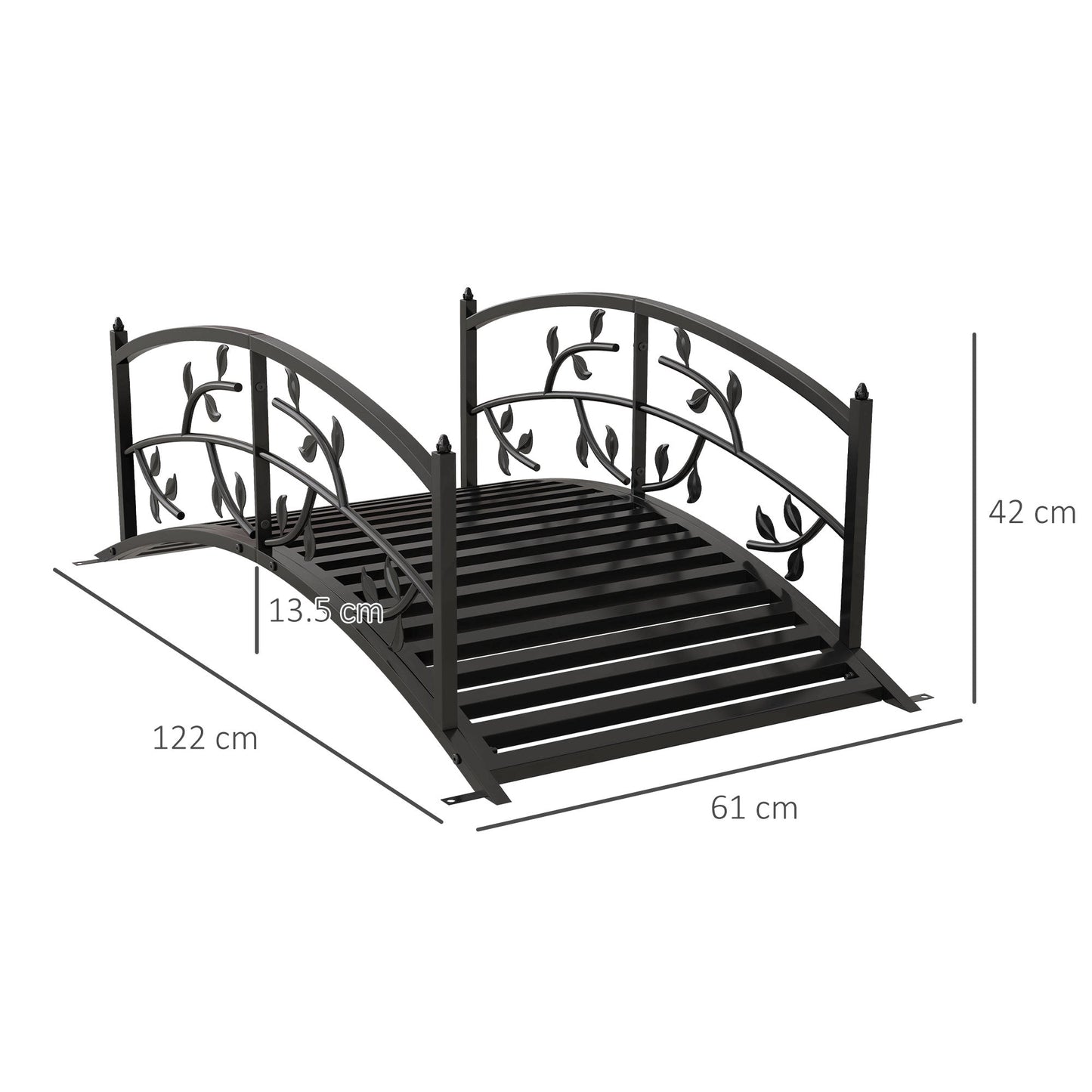 1.2M Metal Garden Bridge with Safety Railings, Classic Retro Arc Footbridge with Vine Pattern, Small Decorative Pond Bridge for Creeks Streams Borders, Black