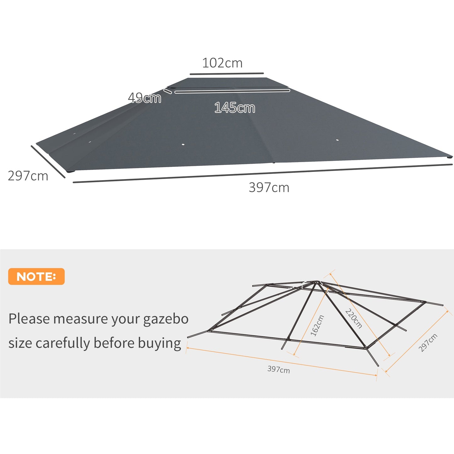 3 x 4m Gazebo Canopy Replacement Covers, Garden Gazebo Roof Replacement with Vents and Drain Holes, TOP COVER ONLY, Dark Grey