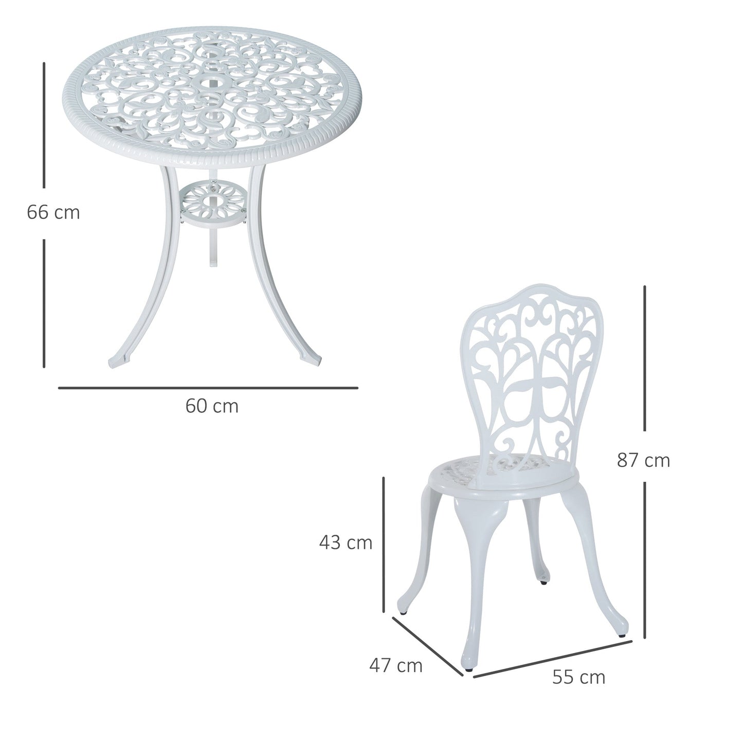 3 Pieces Antique Garden Bistro Set for 2, Cast Aluminium Garden Furniture Set with Umbrella Hole for Balcony, Porch, Patio, White