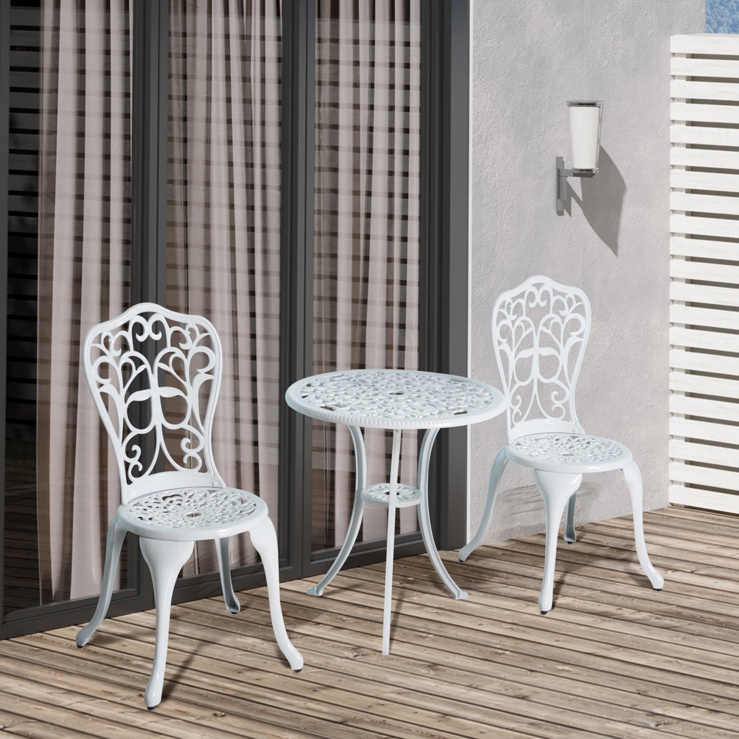 3 Pieces Antique Garden Bistro Set for 2, Cast Aluminium Garden Furniture Set with Umbrella Hole for Balcony, Porch, Patio, White