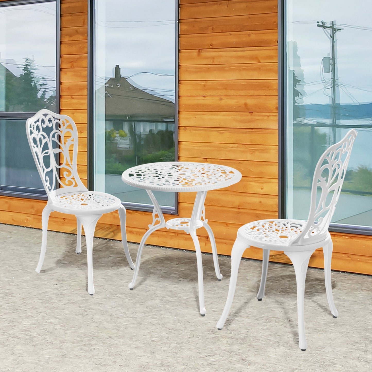 3 Pieces Antique Garden Bistro Set for 2, Cast Aluminium Garden Furniture Set with Umbrella Hole for Balcony, Porch, Patio, White