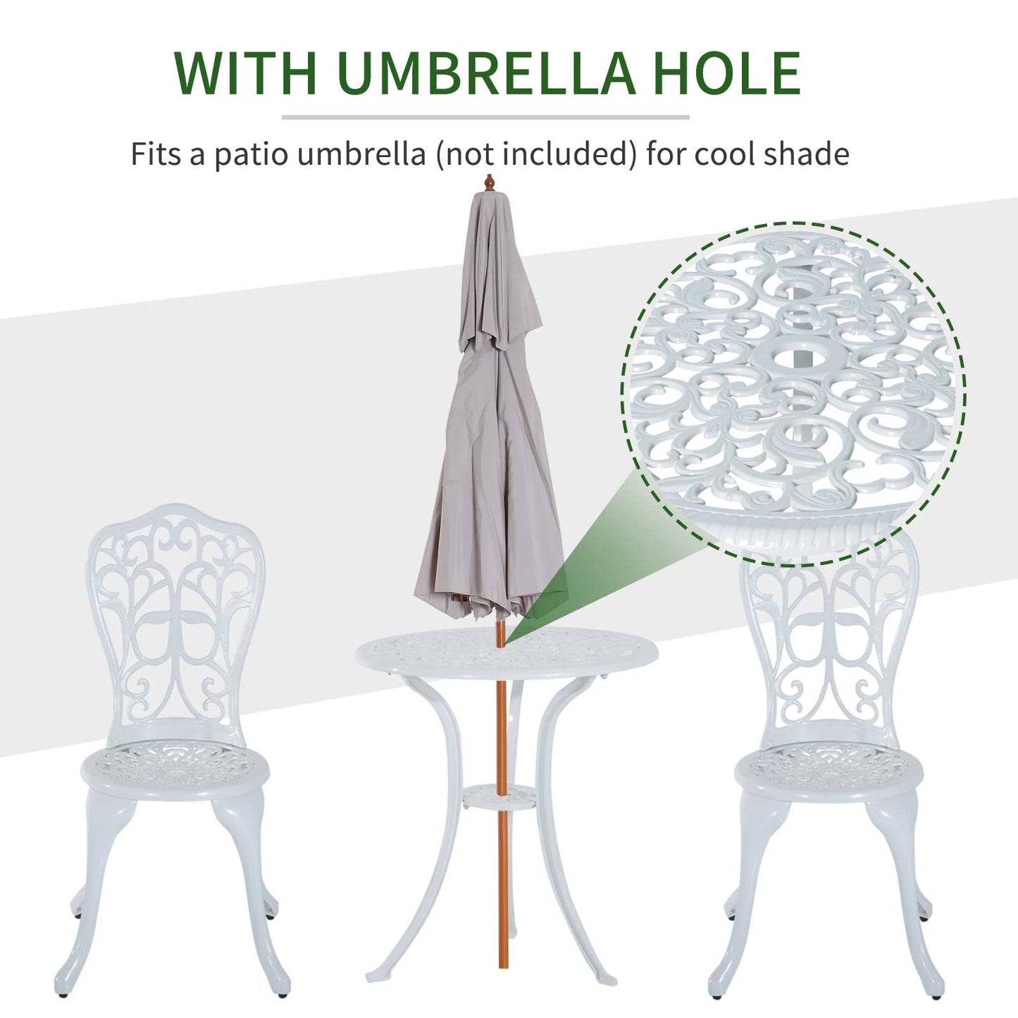 3 Pieces Antique Garden Bistro Set for 2, Cast Aluminium Garden Furniture Set with Umbrella Hole for Balcony, Porch, Patio, White