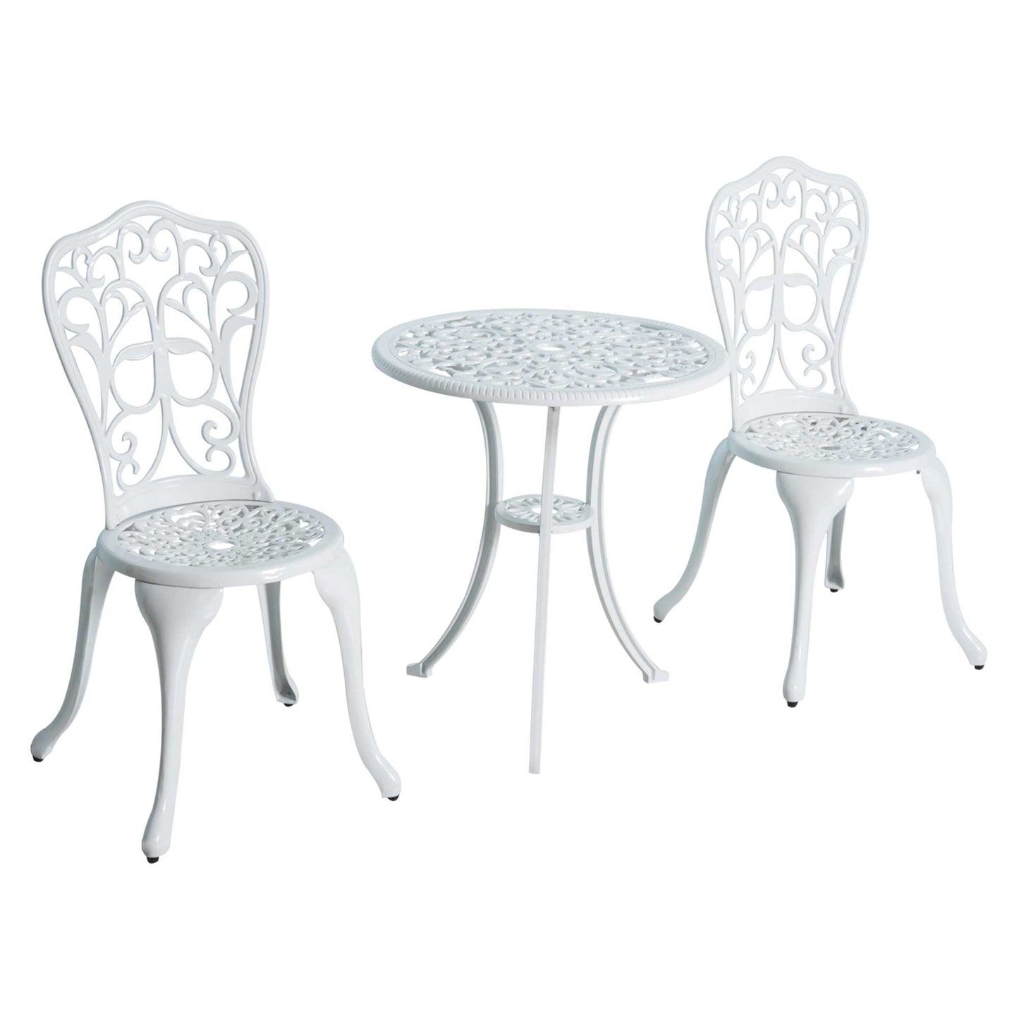 3 Pieces Antique Garden Bistro Set for 2, Cast Aluminium Garden Furniture Set with Umbrella Hole for Balcony, Porch, Patio, White