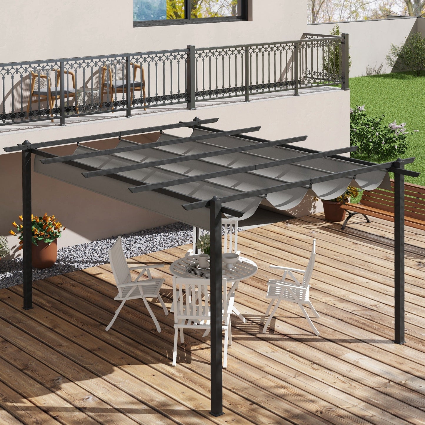4 x 3(m) Aluminium Outdoor Pergola with Retractable Roof, Outdoor Gazebo Canopy Shelter with Grommet Holes for Garden, Patio, Lawn, Grey