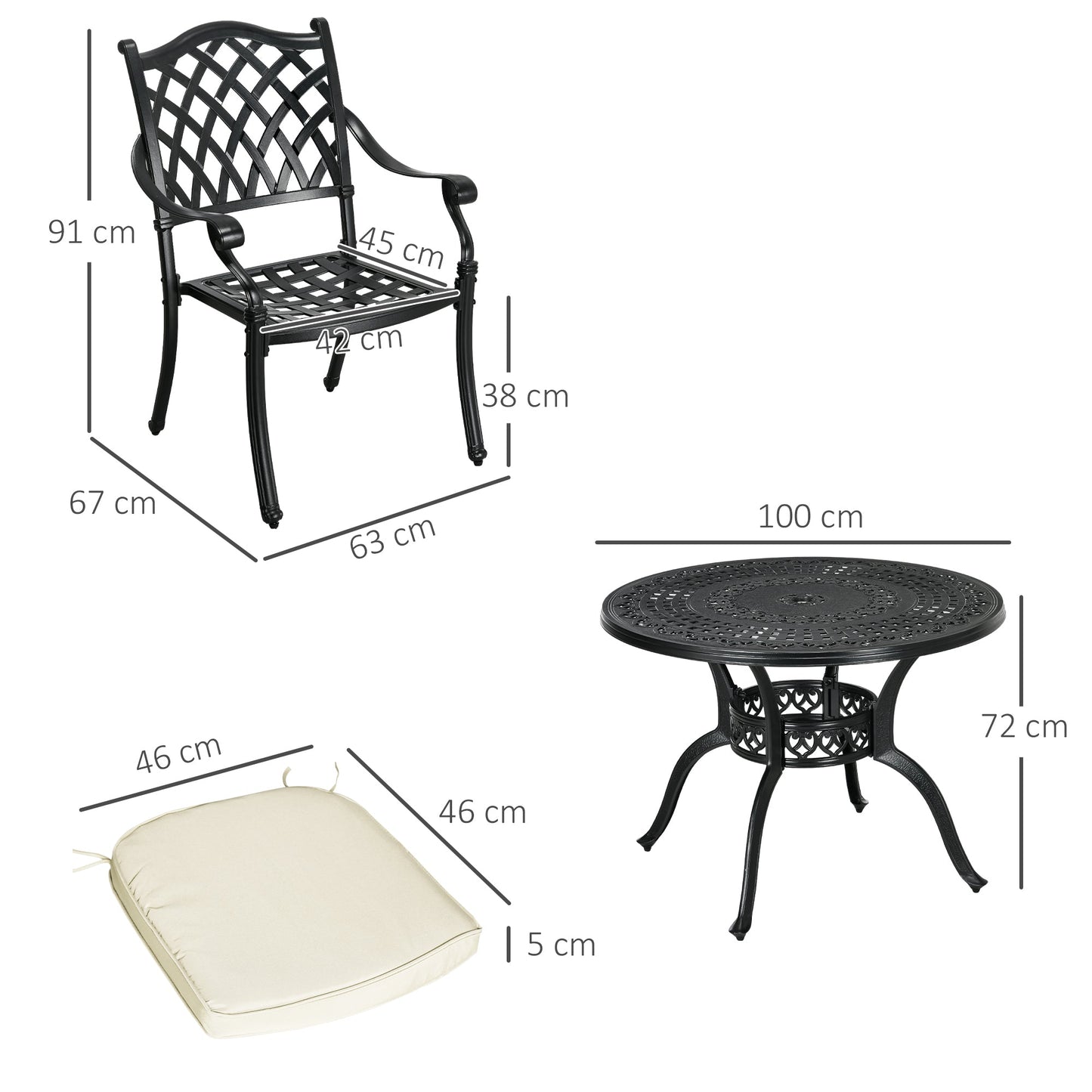 4 Seater Outdoor Dining Set Antique Cast Aluminium Garden Furniture Set with Cushions Round Dining Table with Parasol Hole, Black
