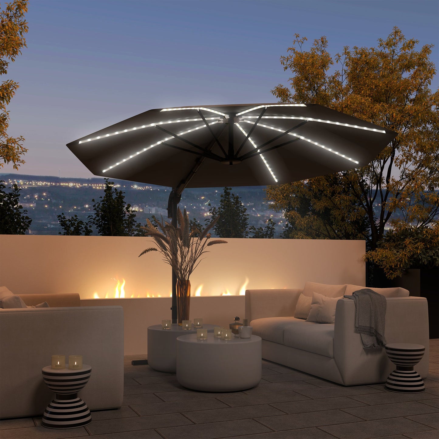 3(m) Cantilever Garden Parasol with Solar Powered Lights, Crank Handle & Cross Base, UPF 50+, 360° Rotation, Overhanging Patio Umbrella for Patio Market, Dark Grey