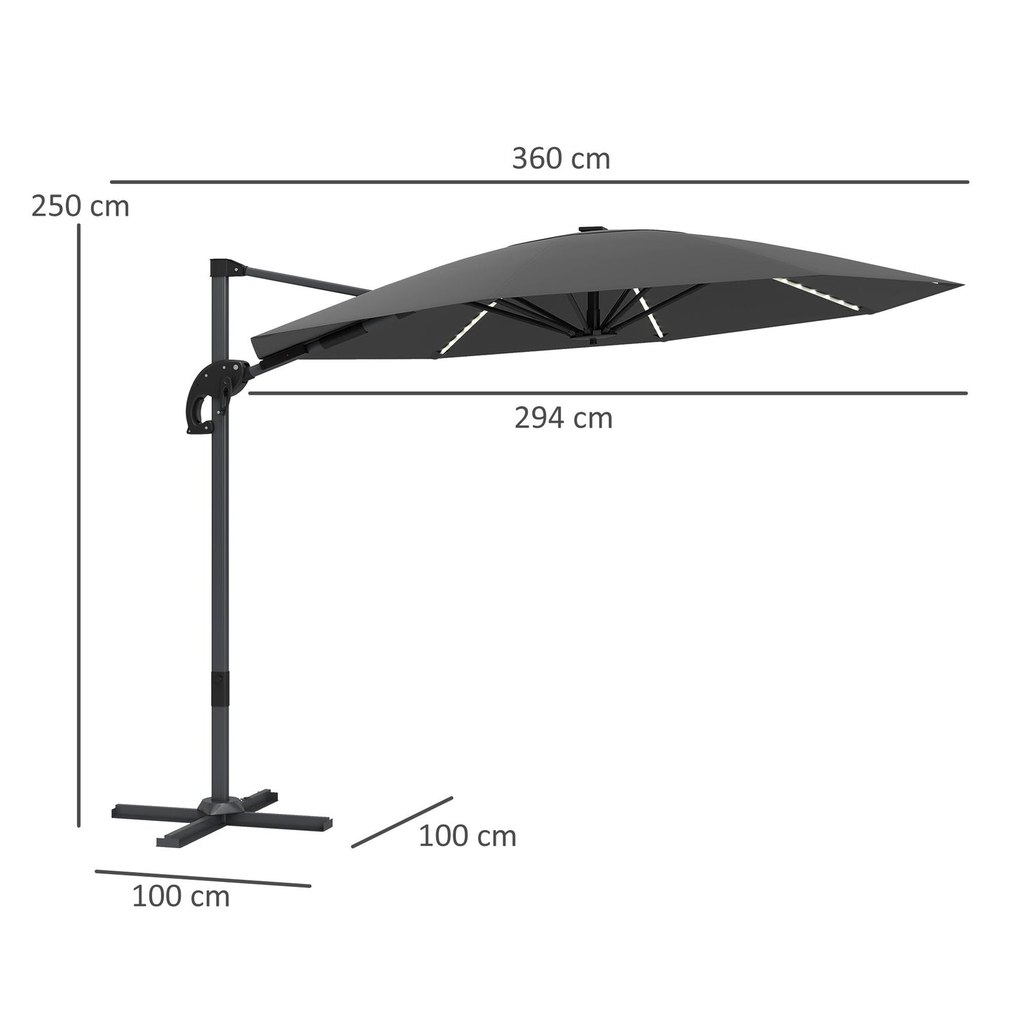 3(m) Cantilever Garden Parasol with Solar Powered Lights, Crank Handle & Cross Base, UPF 50+, 360° Rotation, Overhanging Patio Umbrella for Patio Market, Dark Grey