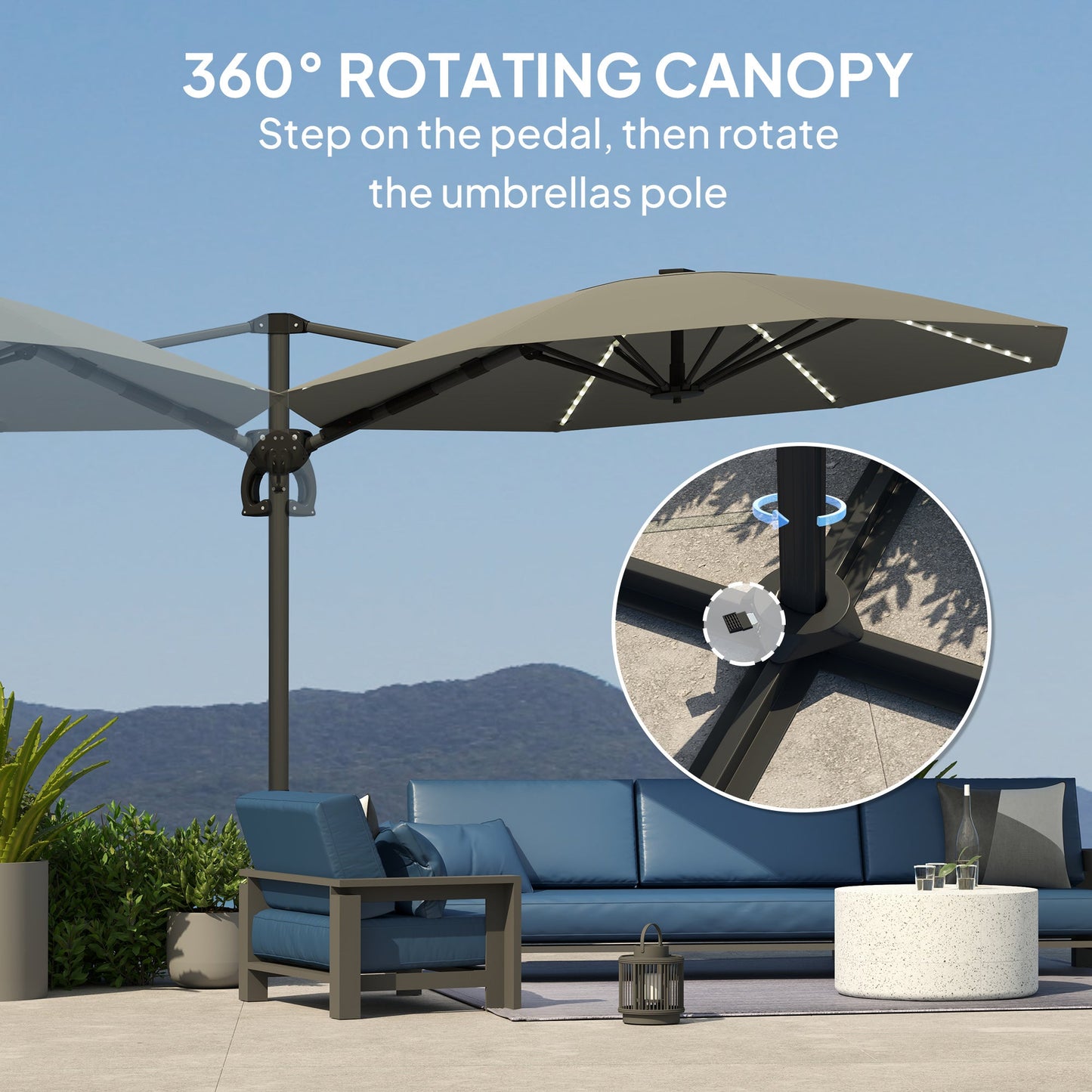 3(m) Cantilever Garden Parasol with Solar Powered Lights, Crank Handle & Cross Base, UPF 50+, 360° Rotation, Overhanging Patio Umbrella for Patio Market, Dark Grey